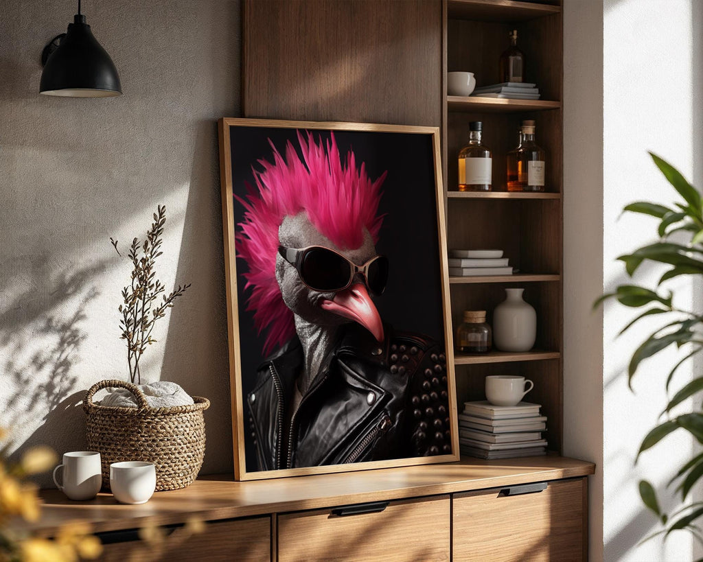 Punk Flamingo Art Print | Pink Mohawk, Studded Leather Jacket wall art print, modern home decor, unframed artwork by Nomad & Nest