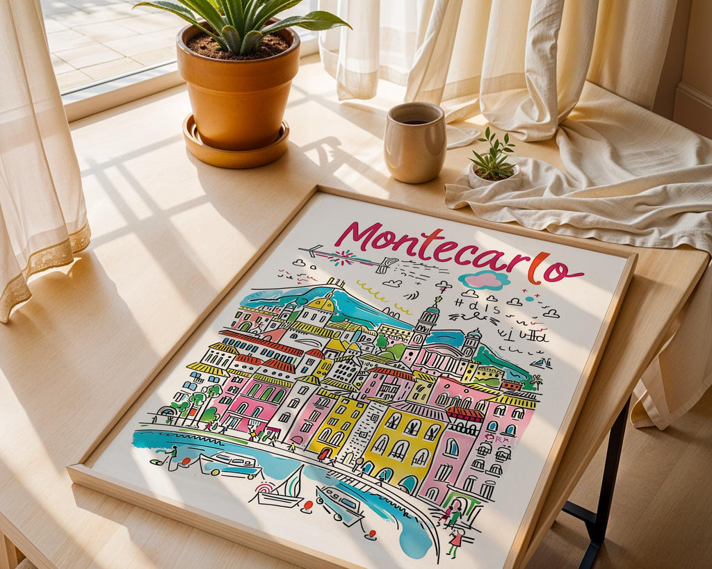 Monte Carlo Cityscape Poster | Colorful French Riviera Illustration wall art print, modern home decor, unframed artwork by Nomad & Nest