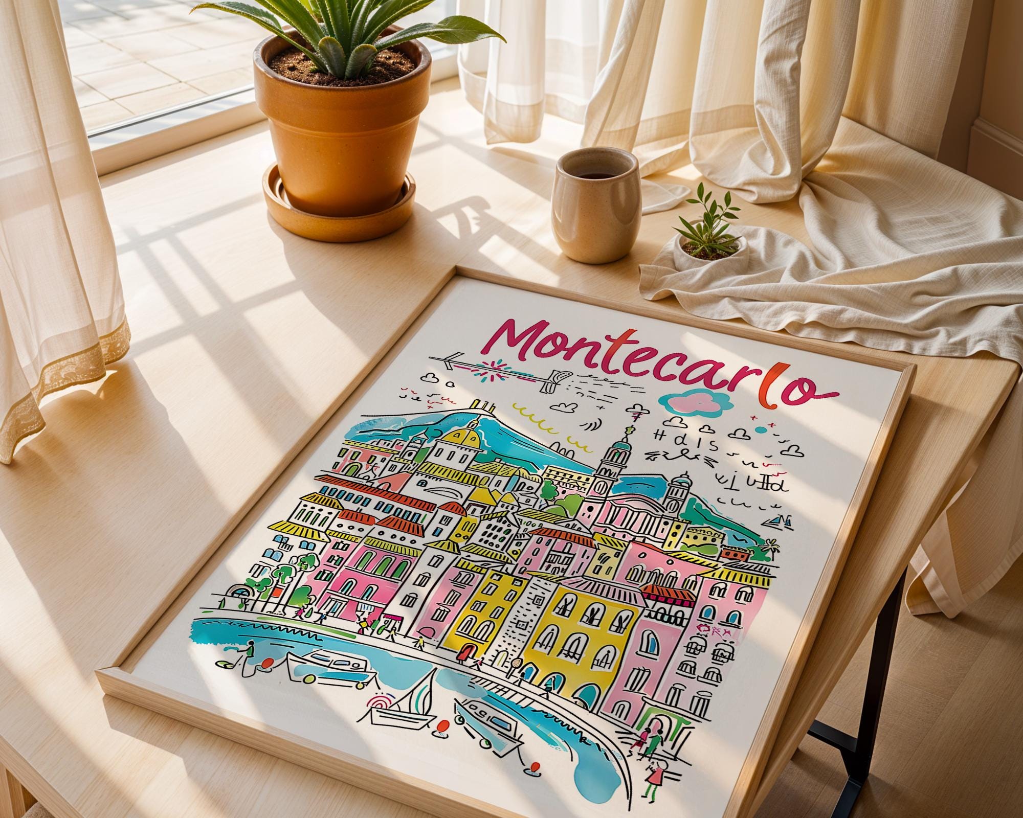 Monte Carlo Cityscape Poster | Colorful French Riviera Illustration wall art print, modern home decor, unframed artwork by Nomad & Nest