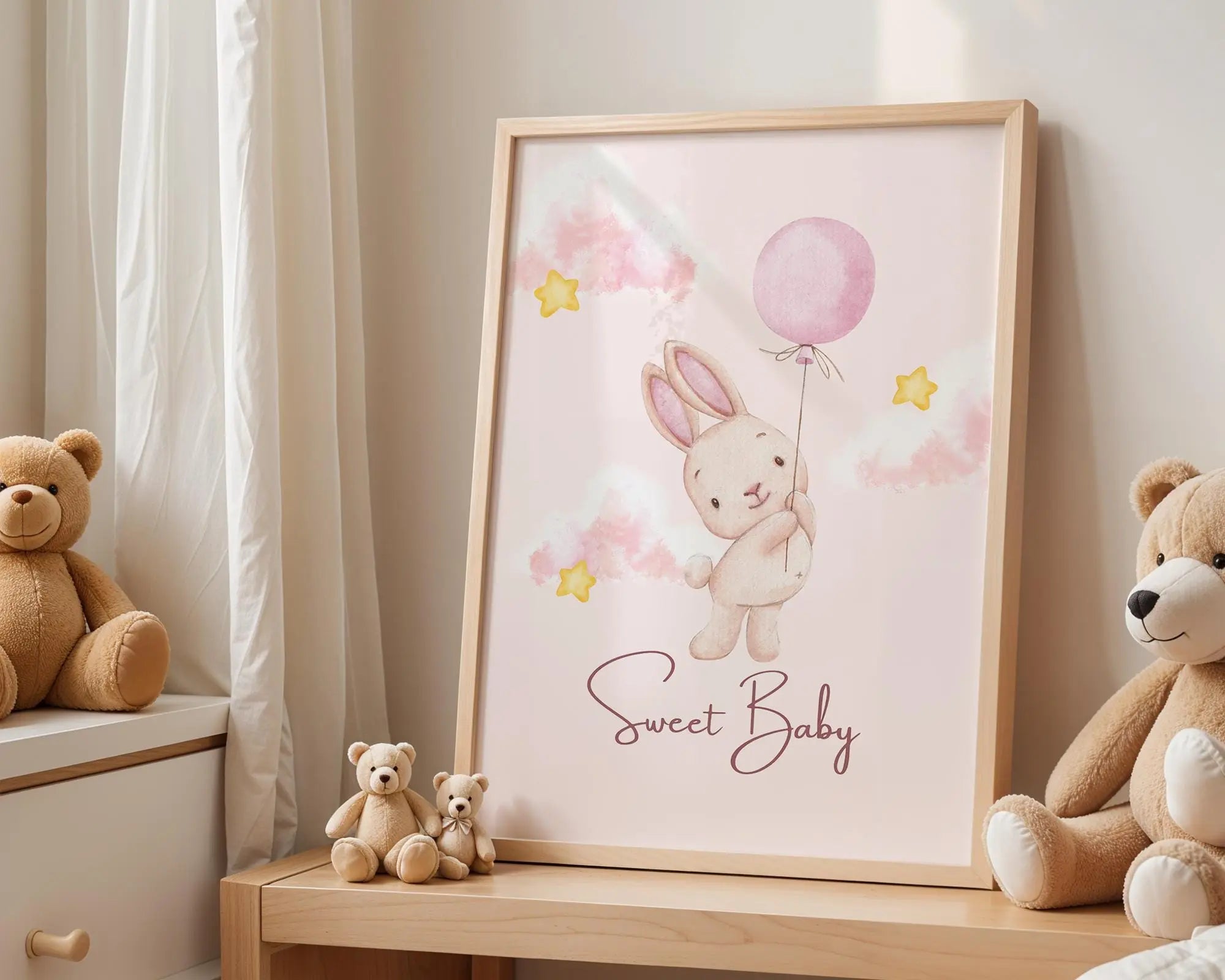 Playroom Ideas | Bunny Balloon Nursery Print | Dreamy Baby Wall Decor wall art print, modern home decor, unframed artwork by Nomad & Nest