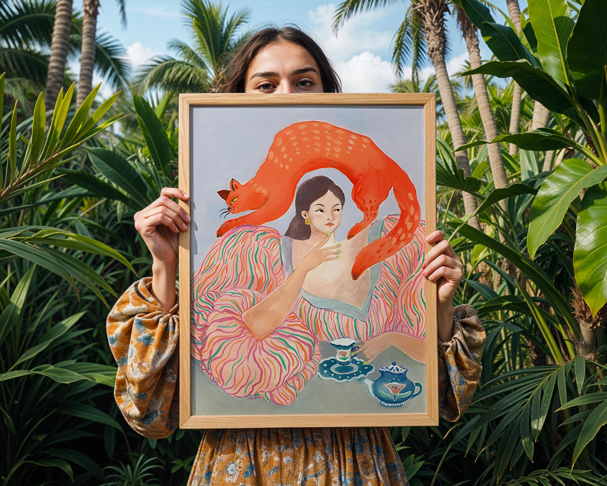 Whimsical Woman with Cat Art Print | Modern Maximalist Decor wall art print, modern home decor, unframed artwork by Nomad & Nest