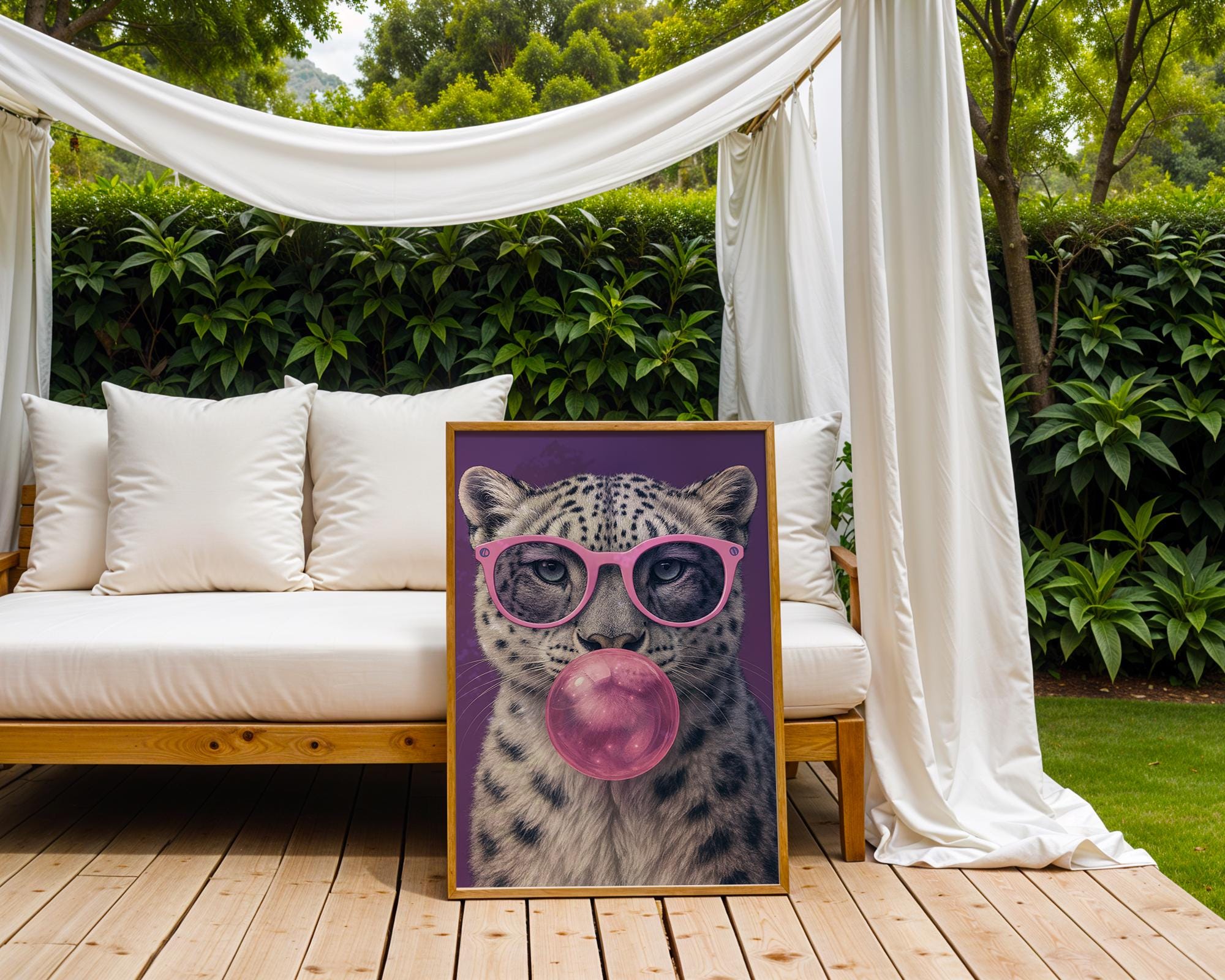Colourful Prints | Snow Leopard Bubblegum Print | Funky Animal Art wall art print, modern home decor, unframed artwork by Nomad & Nest