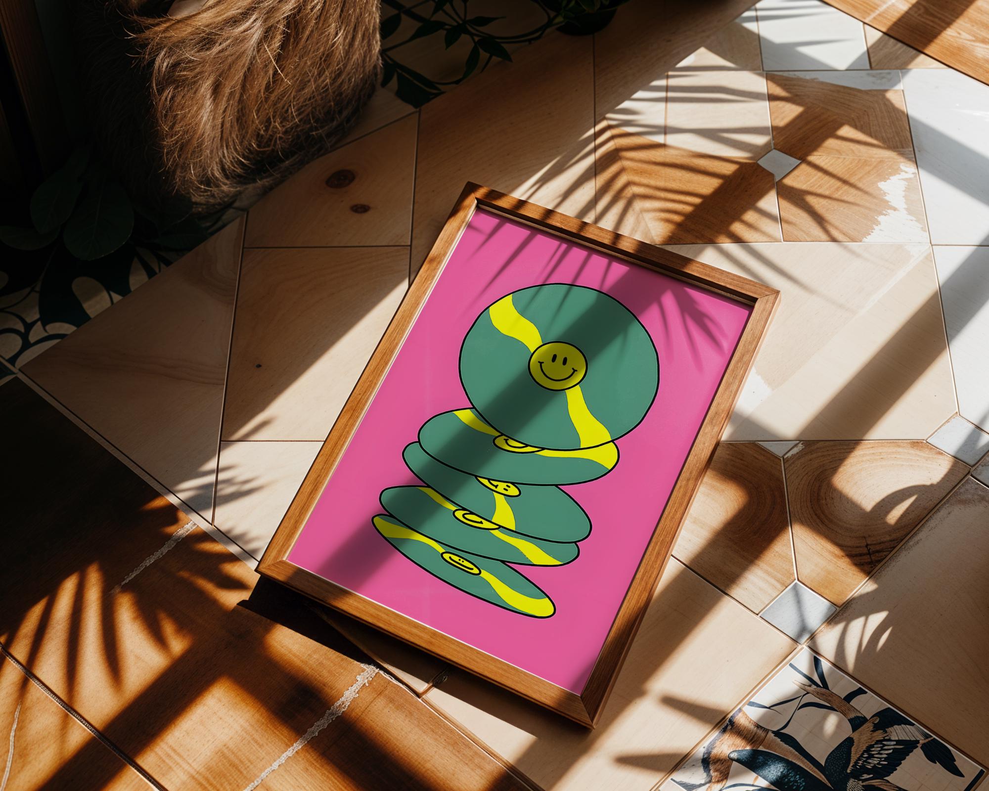 Modern Pop Art | Smiley Face Vinyl Record  Print | Retro Pink & Yellow Decor wall art print, modern home decor, unframed artwork by Nomad & Nest