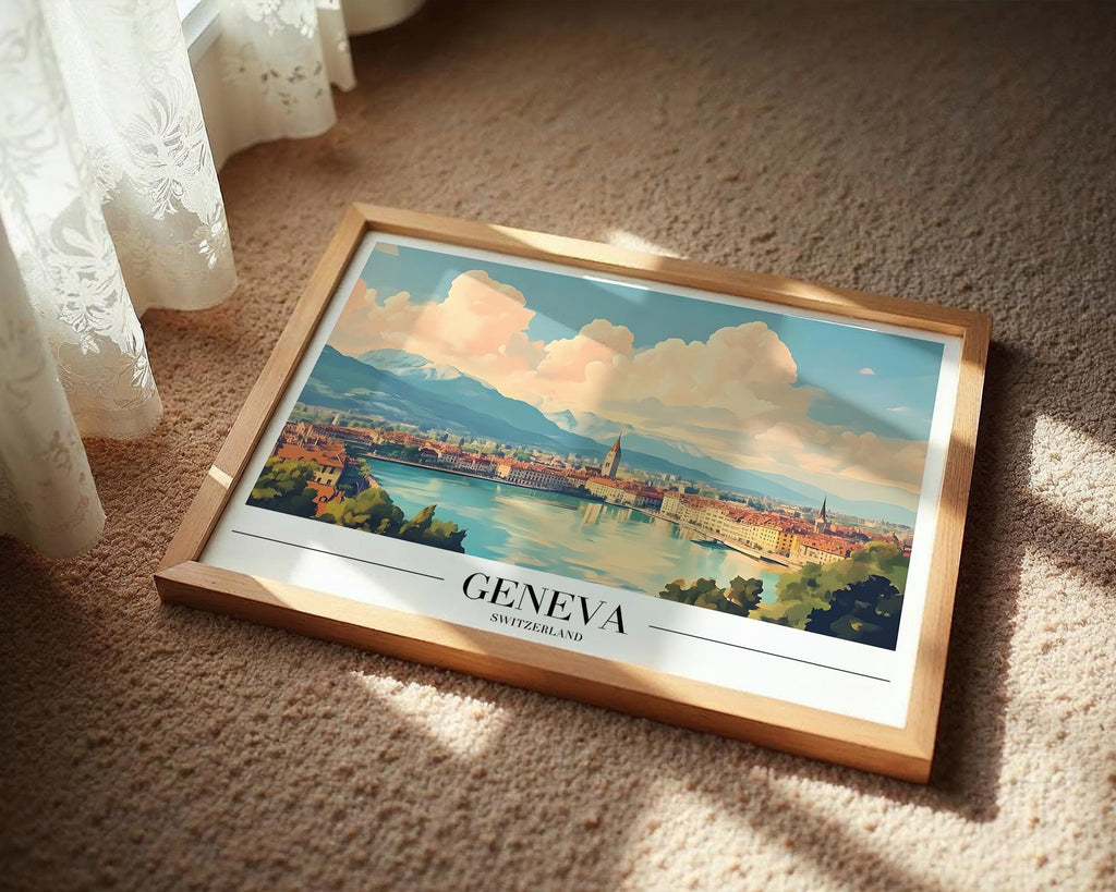 Geneva Switzerland Poster | Vintage Travel Print, Lake Geneva Alps Art wall art print, modern home decor, unframed artwork by Nomad & Nest