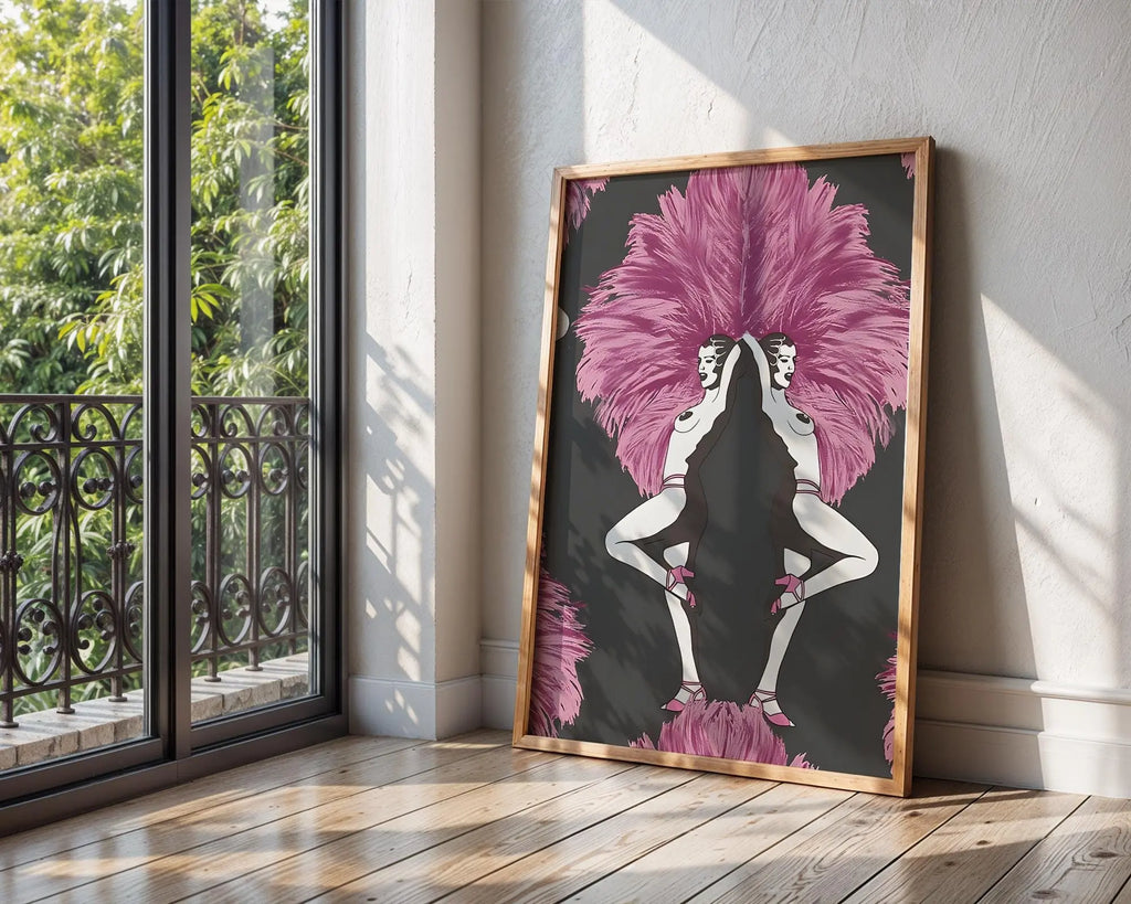 Art Deco Showgirl Print | Vintage Burlesque Illustration, Pink Feathers wall art print, modern home decor, unframed artwork by Nomad & Nest