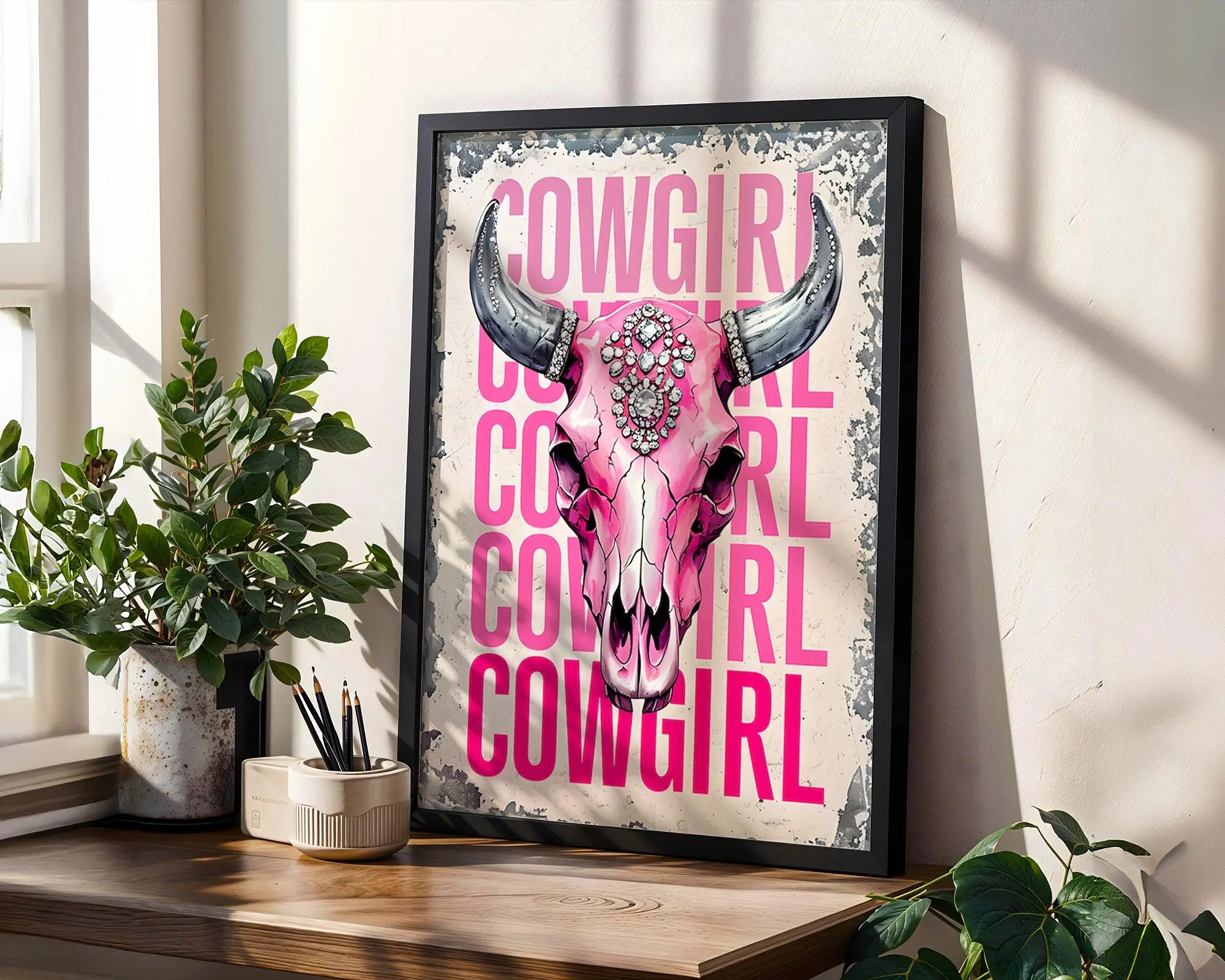 Pink Cowgirl Skull Art Print – Rhinestone Western Glam Decor wall art print, modern home decor, unframed artwork by Nomad & Nest