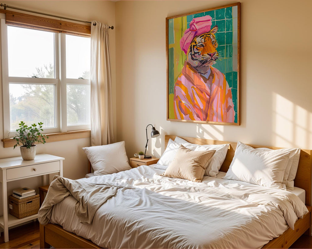 Colourful Prints | Tiger in Bathrobe Art Print | Funny Bathroom Animal Poster wall art print, modern home decor, unframed artwork by Nomad & Nest
