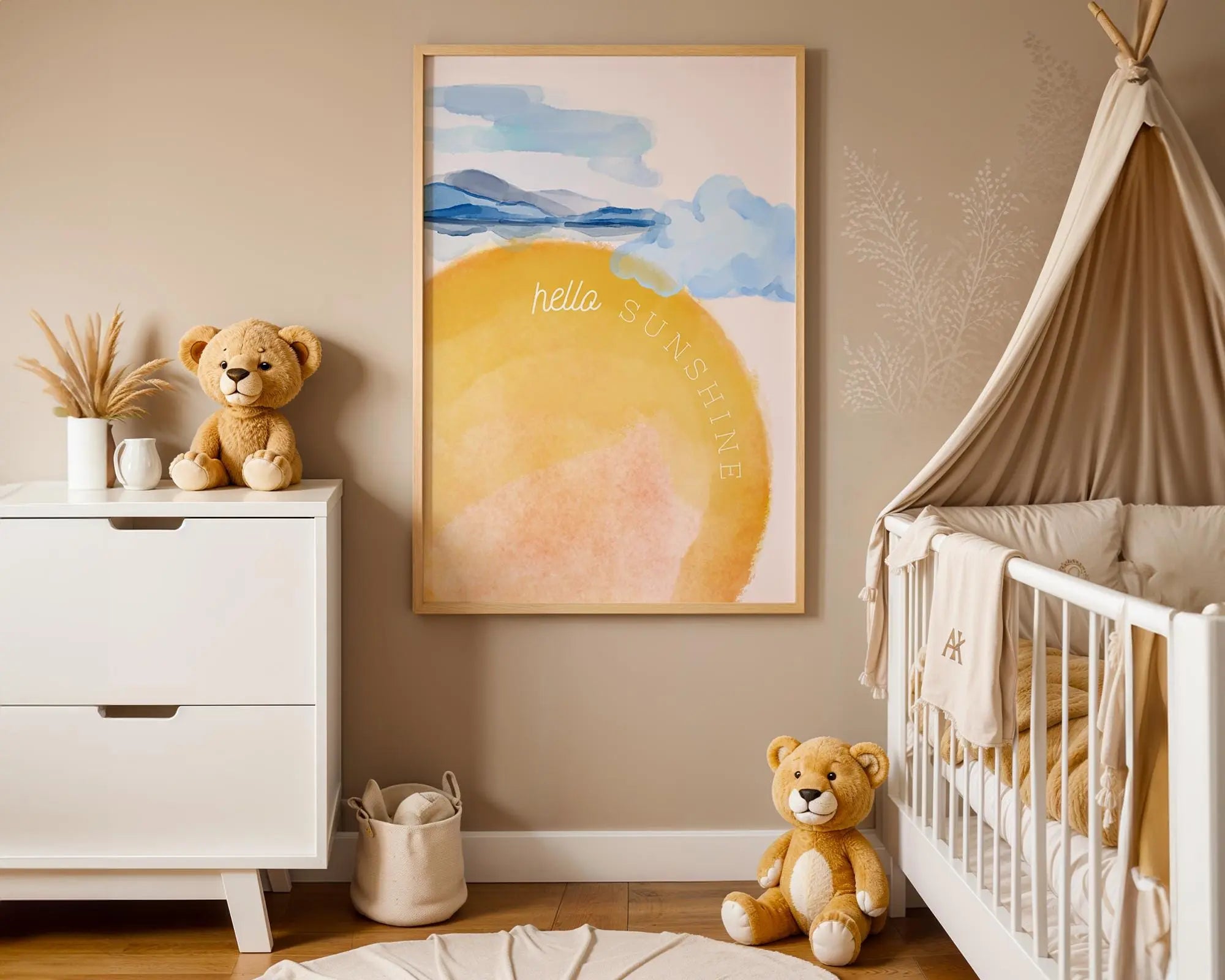 Playroom Ideas | Hello Sunshine Nursery Print | Warm Watercolour Wall Art wall art print, modern home decor, unframed artwork by Nomad & Nest