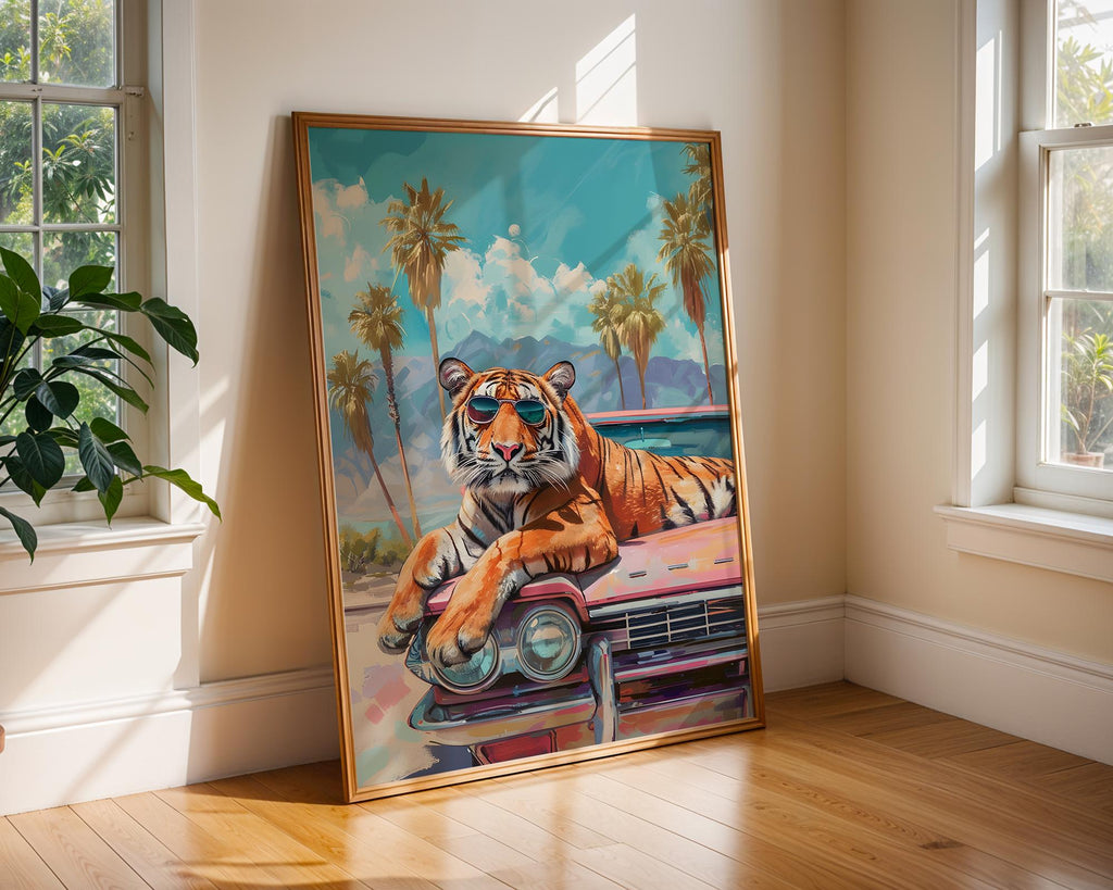 Colourful Prints | Sunglass Tiger Cadillac Print | Retro Tropical Wall Art wall art print, modern home decor, unframed artwork by Nomad & Nest
