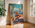 Colourful Prints | Sunglass Tiger Cadillac Print | Retro Tropical Wall Art wall art print, modern home decor, unframed artwork by Nomad & Nest