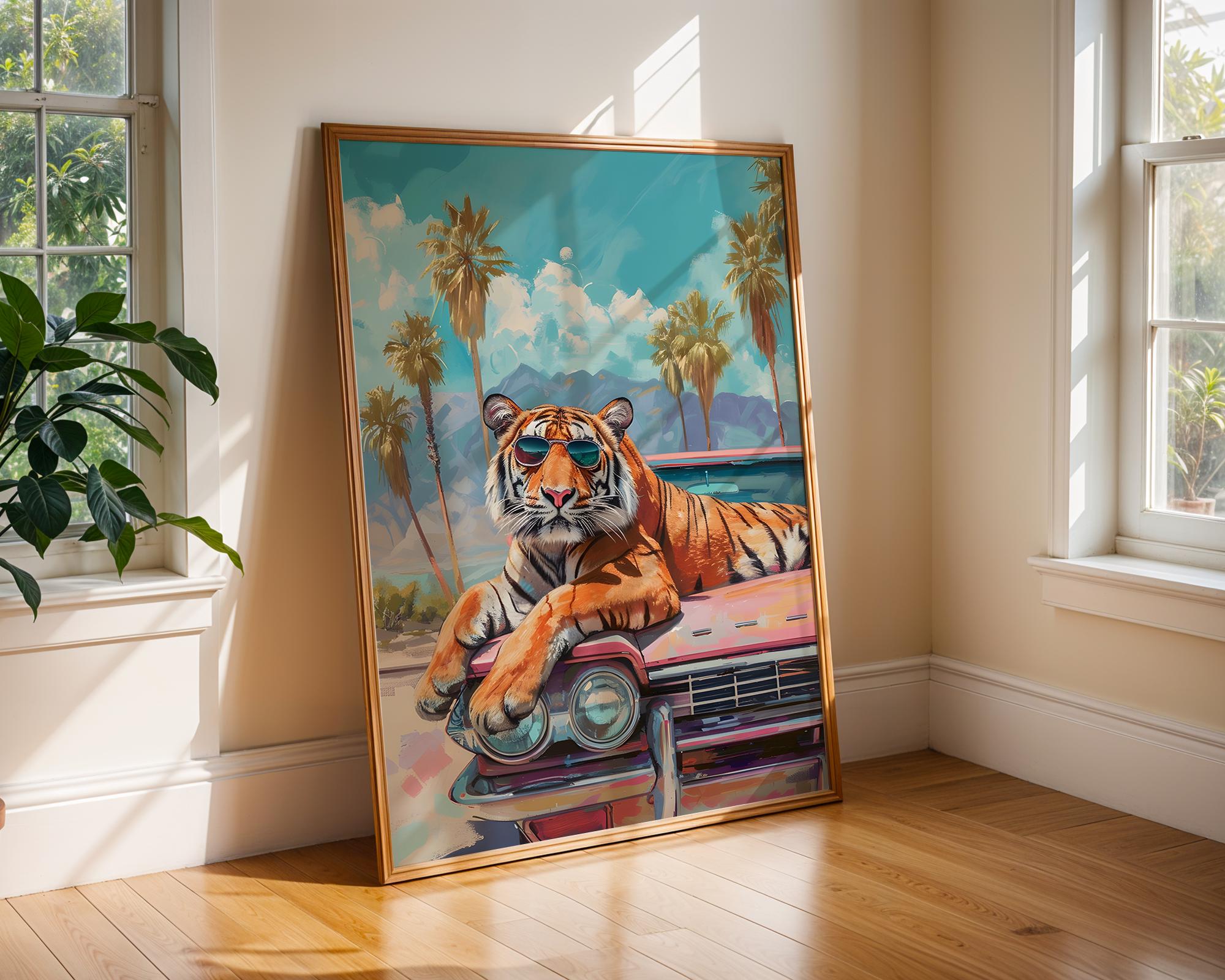Colourful Prints | Sunglass Tiger Cadillac Print | Retro Tropical Wall Art wall art print, modern home decor, unframed artwork by Nomad & Nest