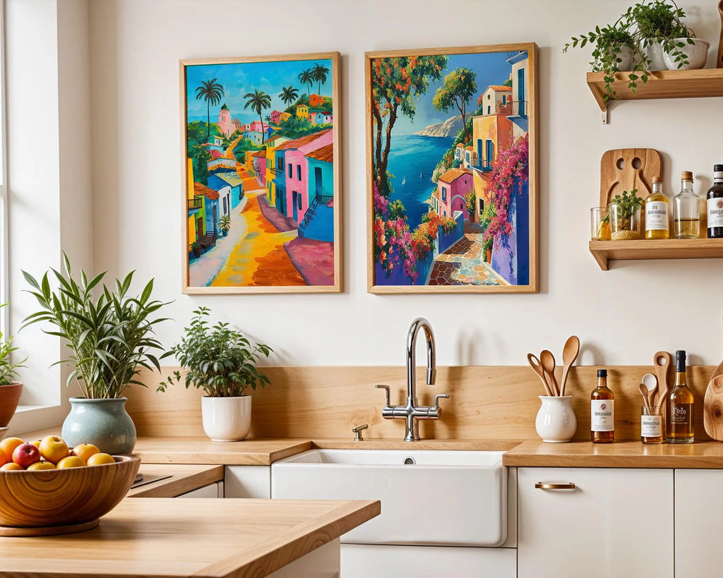 Colourful Prints | Mediterranean Seaside Village Prints Set | Coastal Travel Art wall art print, modern home decor, unframed artwork by Nomad & Nest