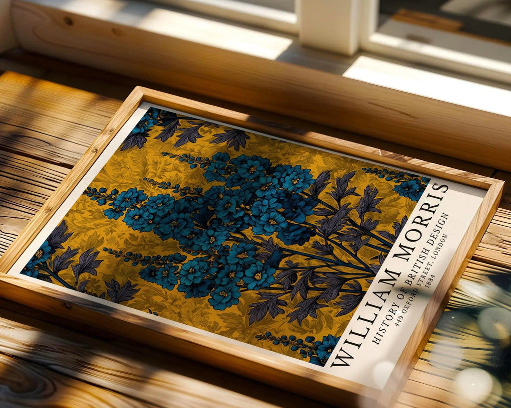 William Morris Print | Golden Botanical Wall Art Style Blue Delphinium Poster wall art print, modern home decor, unframed artwork by Nomad & Nest