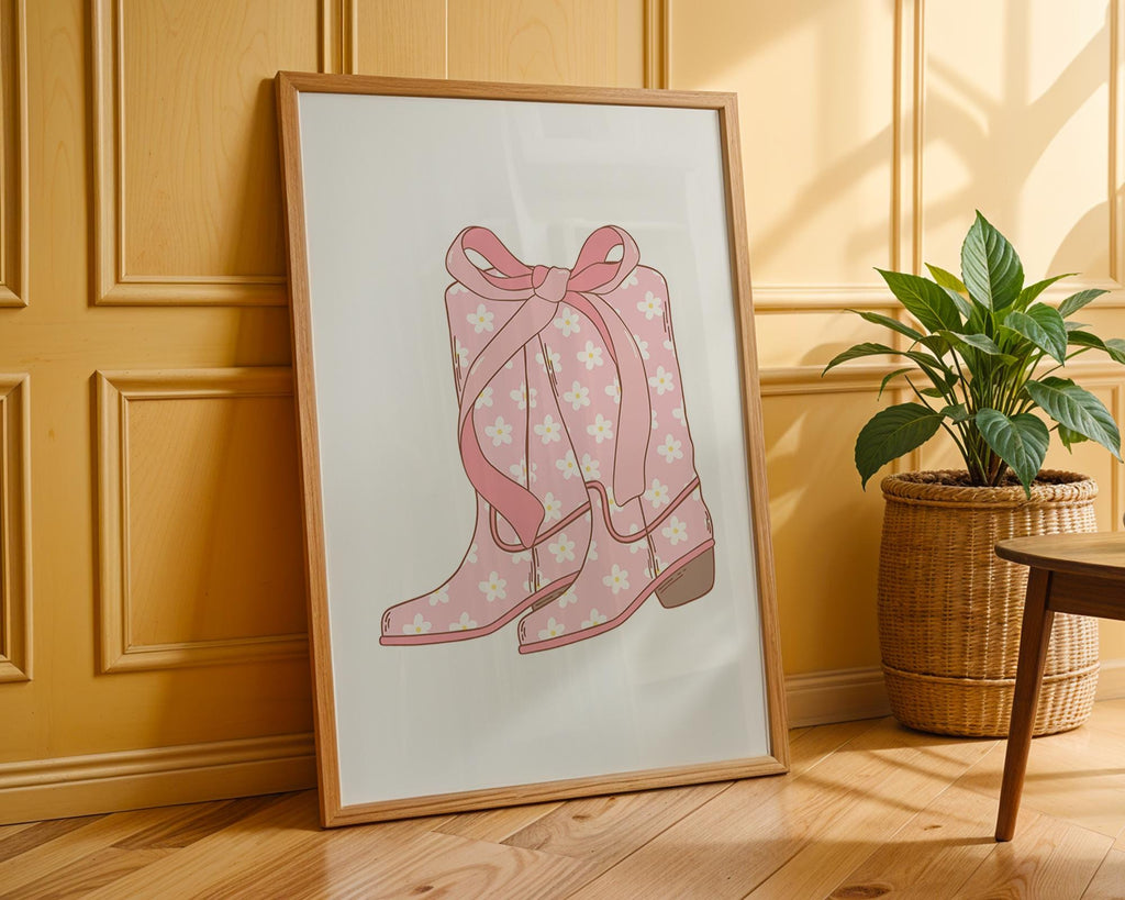 Pink Daisy Cowboy Boots Print | Girly Western Wall Art wall art print, modern home decor, unframed artwork by Nomad & Nest