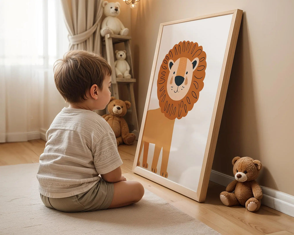 Playroom Ideas | Smiling Lion Nursery Wall Art | Safari Animal Baby Decor wall art print, modern home decor, unframed artwork by Nomad & Nest
