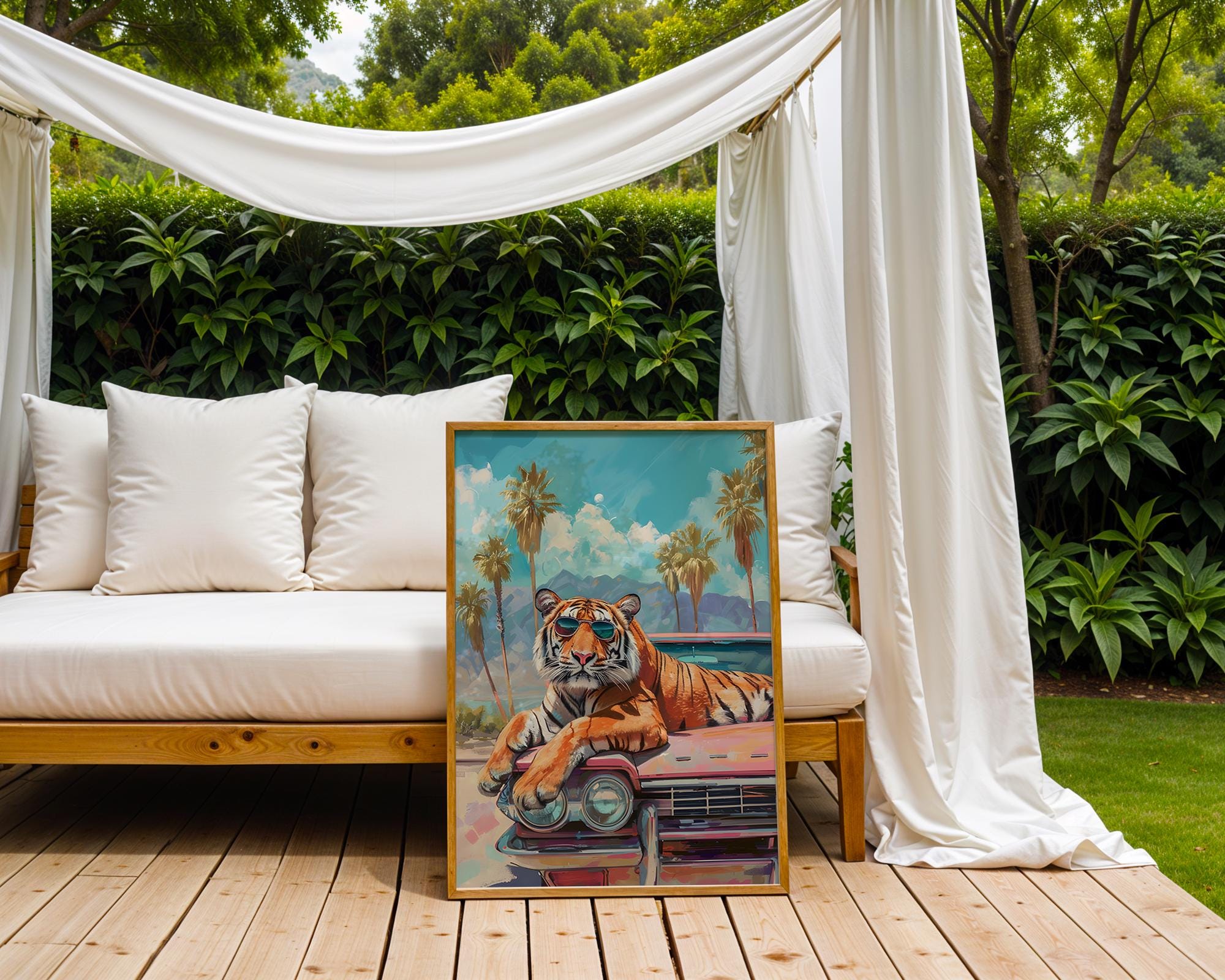 Colourful Prints | Sunglass Tiger Cadillac Print | Retro Tropical Wall Art wall art print, modern home decor, unframed artwork by Nomad & Nest