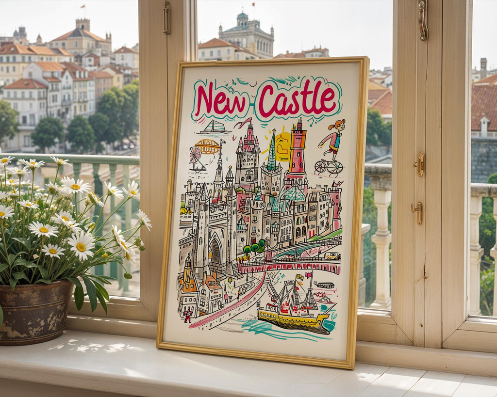 Newcastle Cityscape Art Print | Quirky England Travel Poster wall art print, modern home decor, unframed artwork by Nomad & Nest