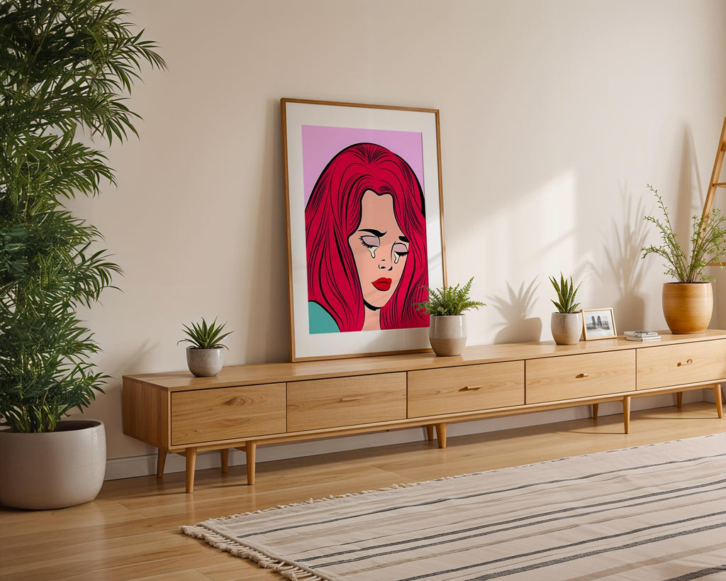 Modern Pop Art | Crying Woman Print | Retro Lichtenstein Style, Red Hair wall art print, modern home decor, unframed artwork by Nomad & Nest