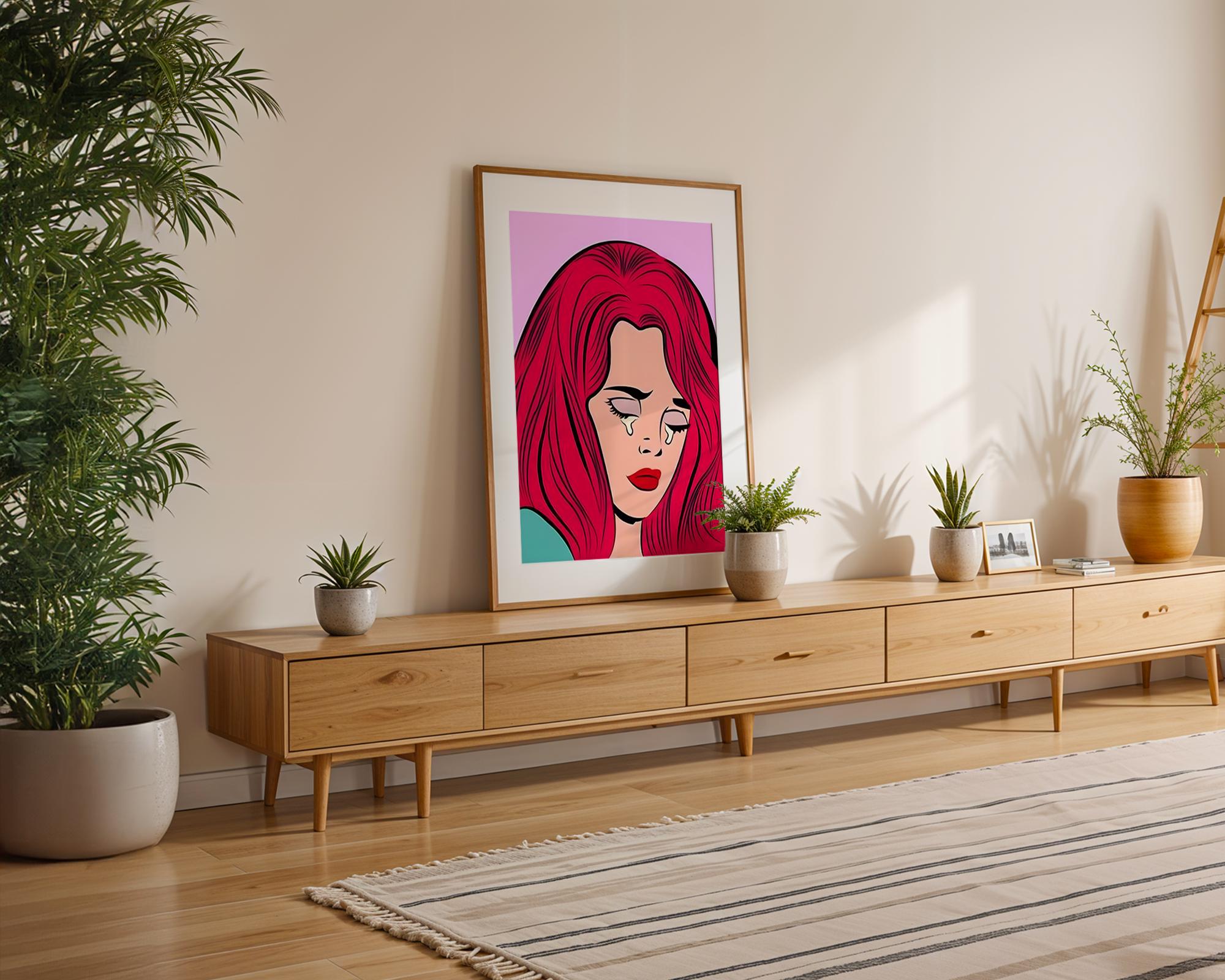 Modern Pop Art | Crying Woman Print | Retro Lichtenstein Style, Red Hair wall art print, modern home decor, unframed artwork by Nomad & Nest