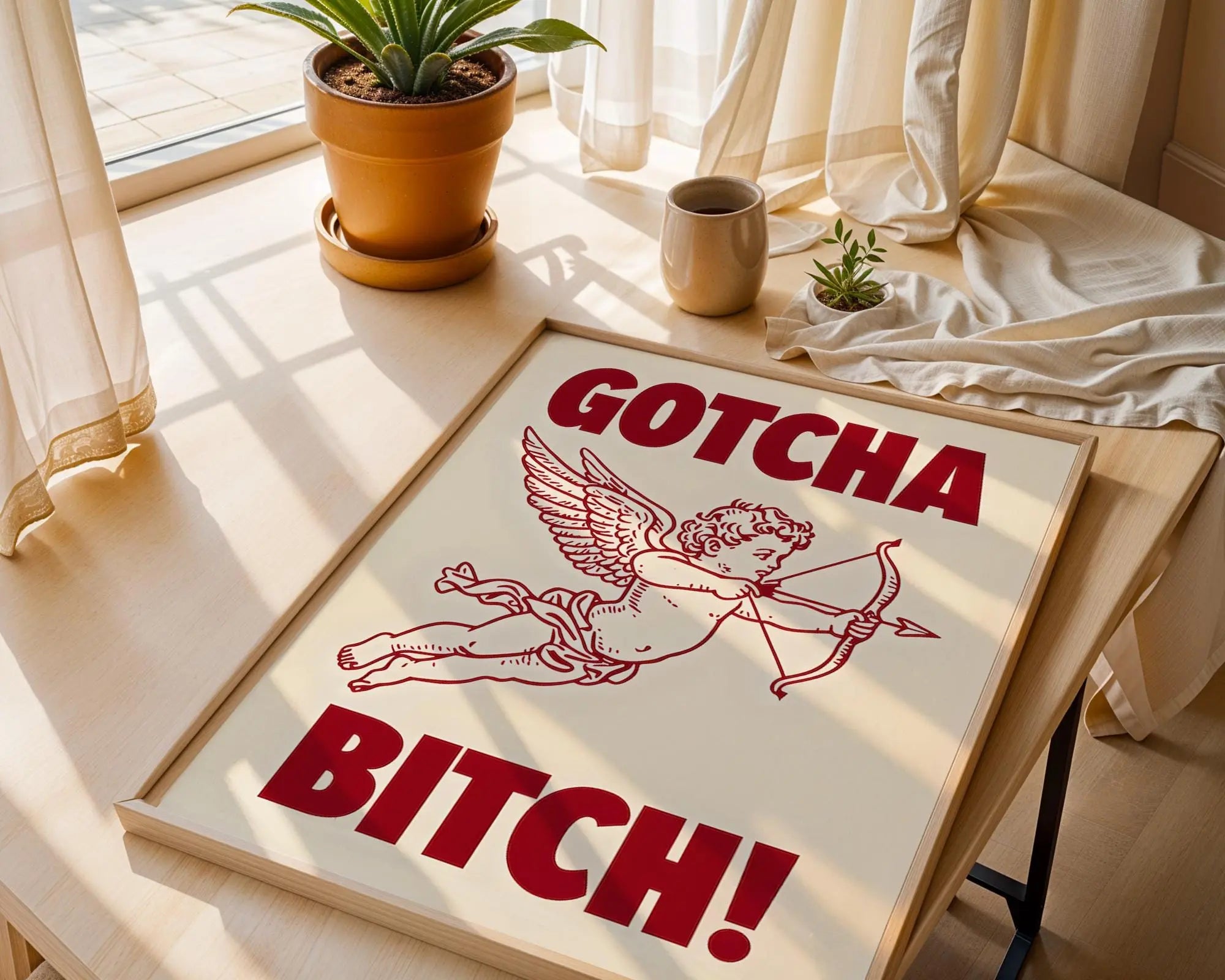 Positive Emotion | Gotcha Bitch Cupid Wall Art | Bold Vintage Illustration | Cheeky Statement Poster wall art print, modern home decor, unframed artwork by Nomad & Nest