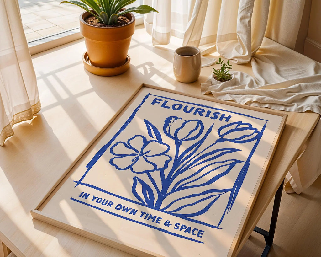 Blue Botanical Line Art Print – Modern Floral Wall Decor wall art print, modern home decor, unframed artwork by Nomad & Nest