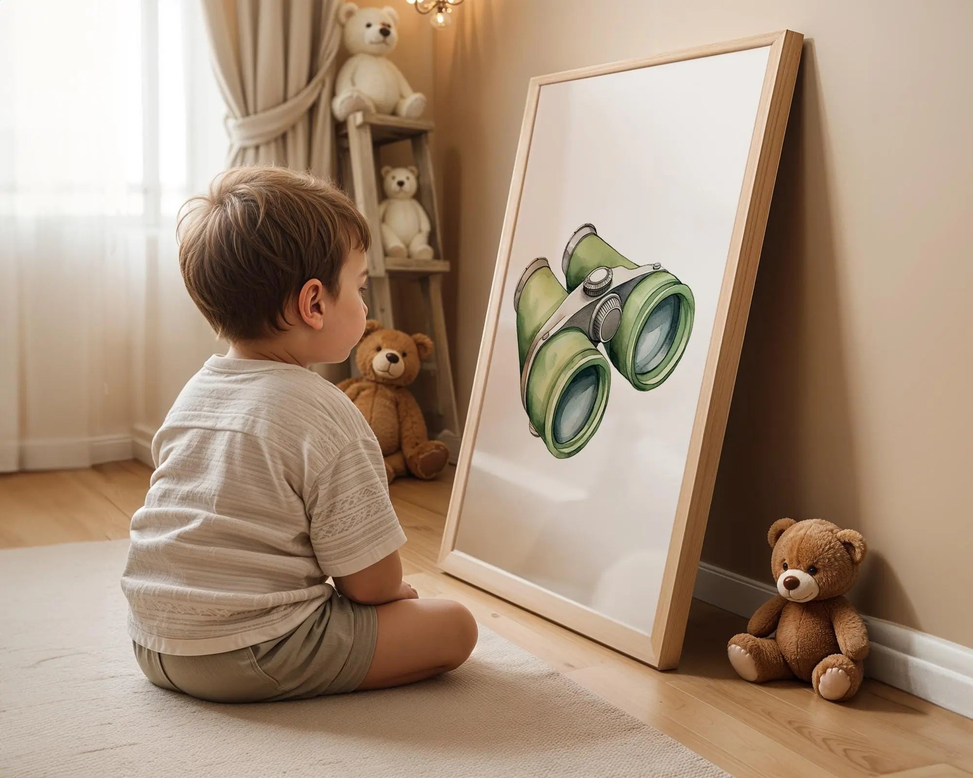 Playroom Ideas | Green Binoculars Nursery Wall Art Adventure Decor Print wall art print, modern home decor, unframed artwork by Nomad & Nest