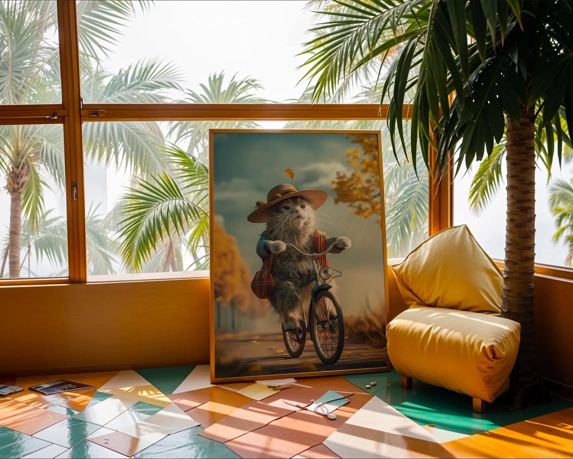 Whimsical Cat on Bicycle Print | Cottagecore Autumn Wall Art wall art print, modern home decor, unframed artwork by Nomad & Nest