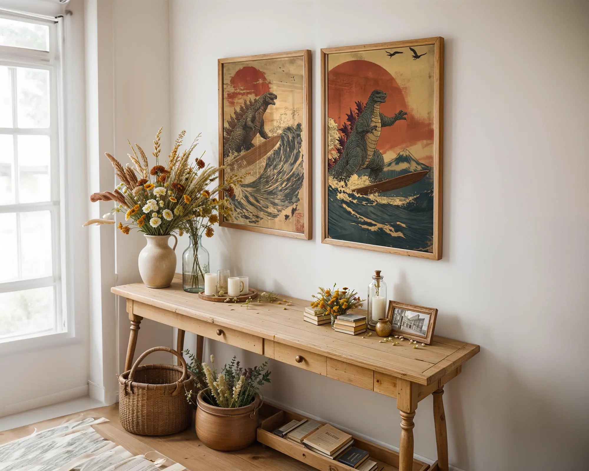 Japanese Poster | Godzilla Surfing Ukiyo-e Wave Art Print –  Kaiju wall art print, modern home decor, unframed artwork by Nomad & Nest
