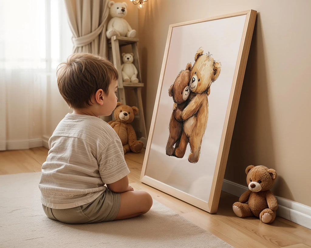 Playroom Ideas | Teddy Bear Hug Nursery Wall Art | Woodland Baby Illustration wall art print, modern home decor, unframed artwork by Nomad & Nest