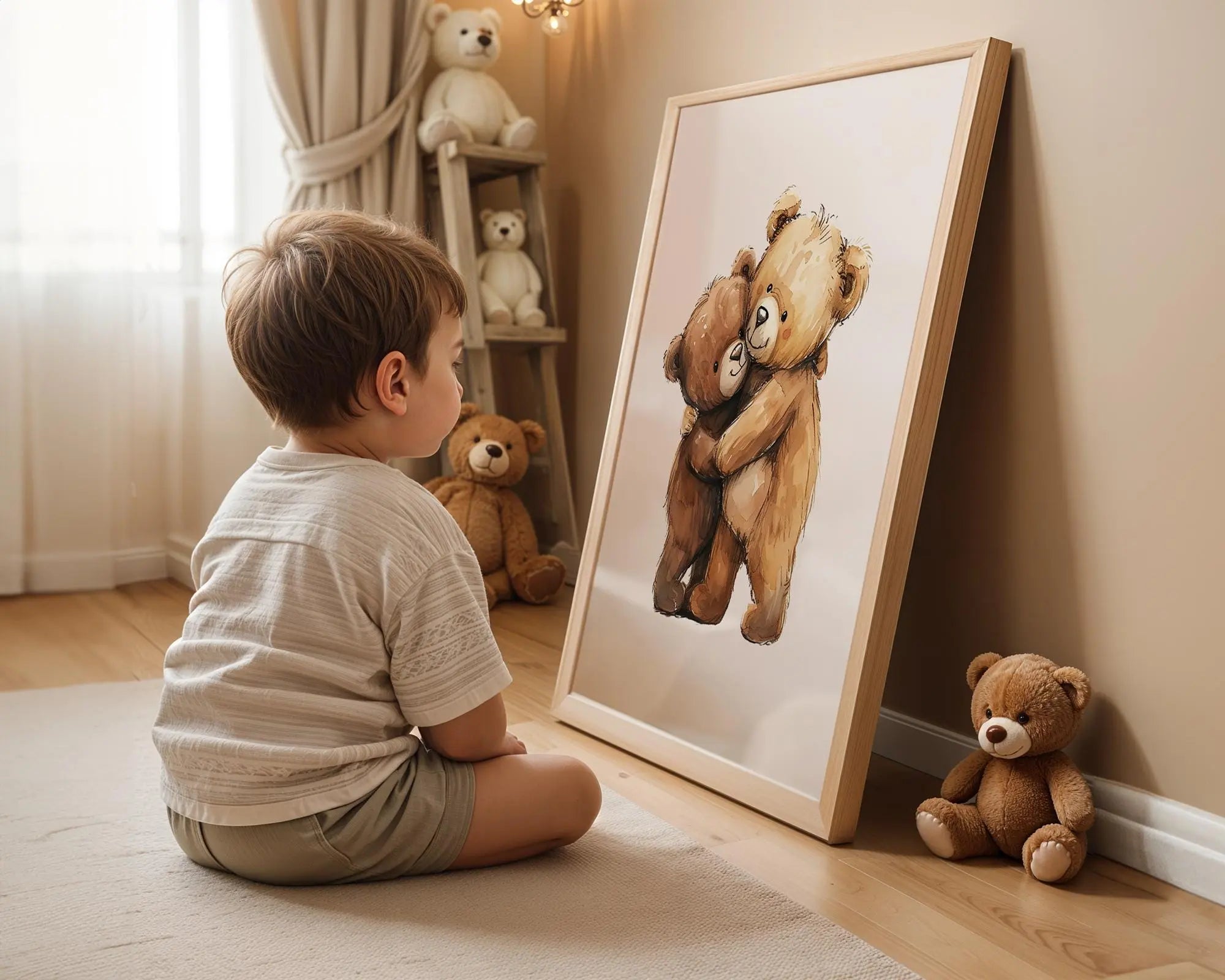 Playroom Ideas | Teddy Bear Hug Nursery Wall Art | Woodland Baby Illustration wall art print, modern home decor, unframed artwork by Nomad & Nest
