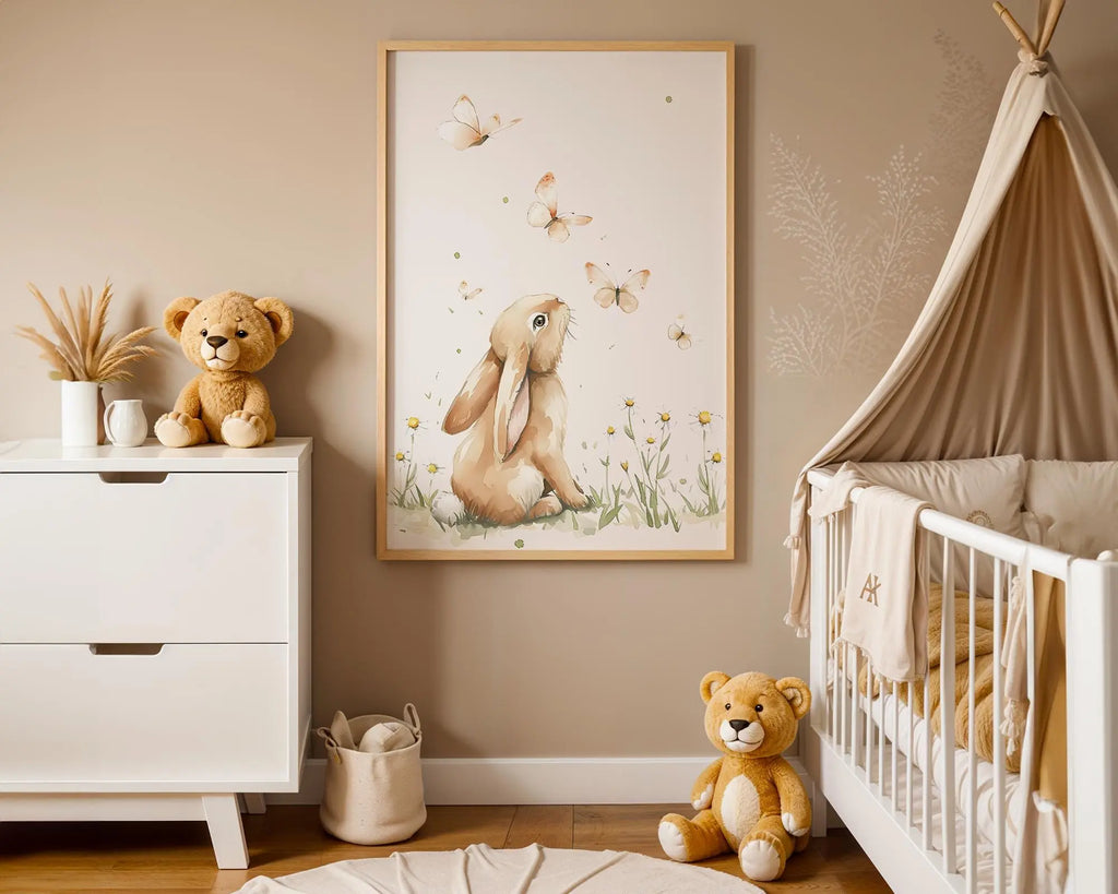 Playroom Ideas | Butterfly Bunny Nursery Wall Art | Soft Nature Illustration wall art print, modern home decor, unframed artwork by Nomad & Nest