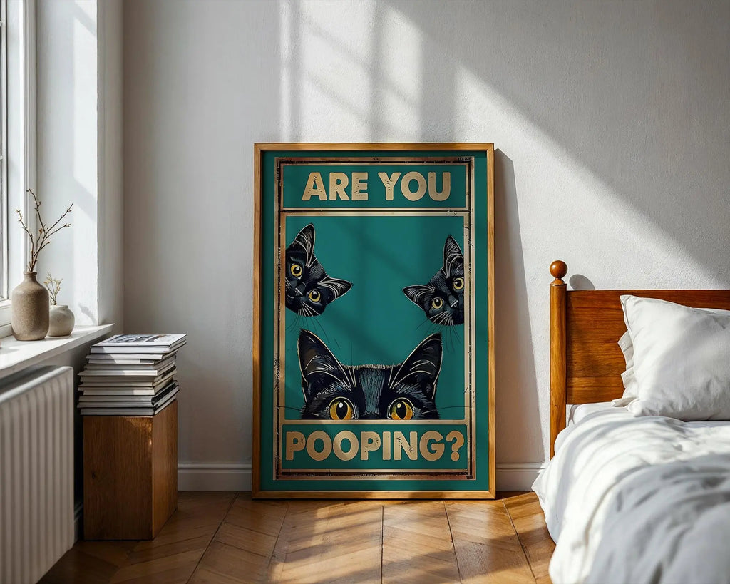Funny Black Cat Bathroom Art Print | Quirky Pet Humor wall art print, modern home decor, unframed artwork by Nomad & Nest