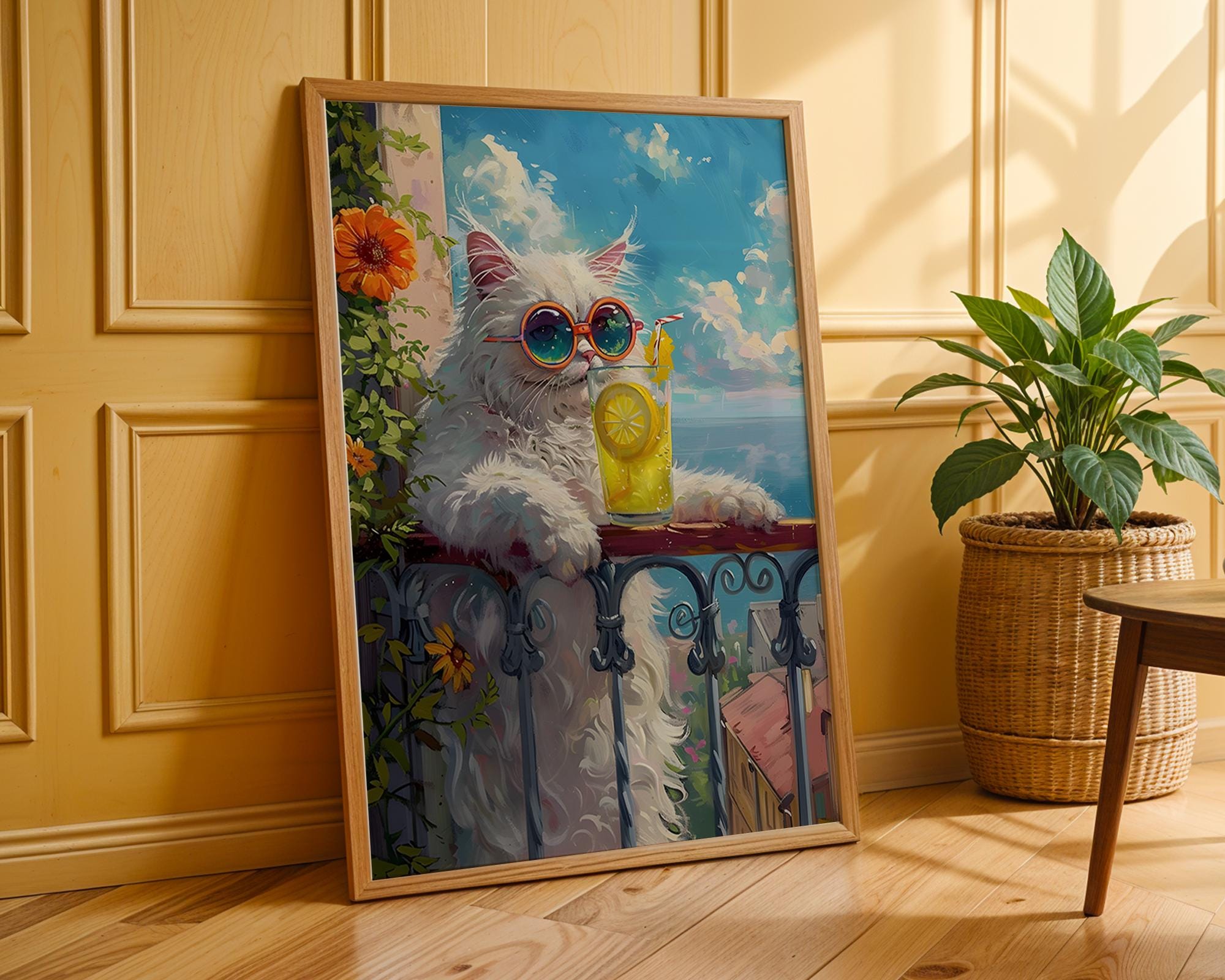 Colourful Prints | Funny Cat Print | Summer Balcony, Lemonade, Sunglasses wall art print, modern home decor, unframed artwork by Nomad & Nest
