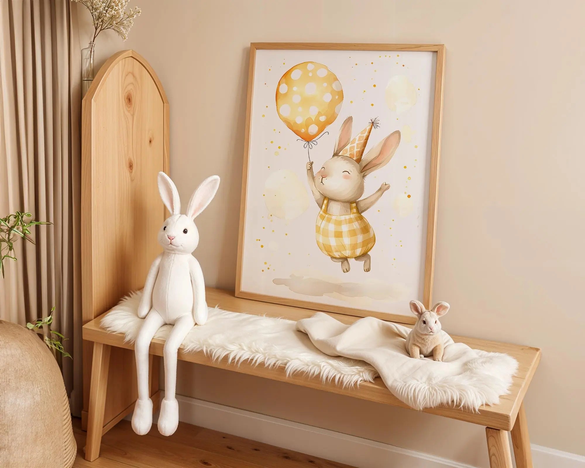 Playroom Ideas | Party Bunny with Balloon Nursery Art – Birthday Baby Print wall art print, modern home decor, unframed artwork by Nomad & Nest