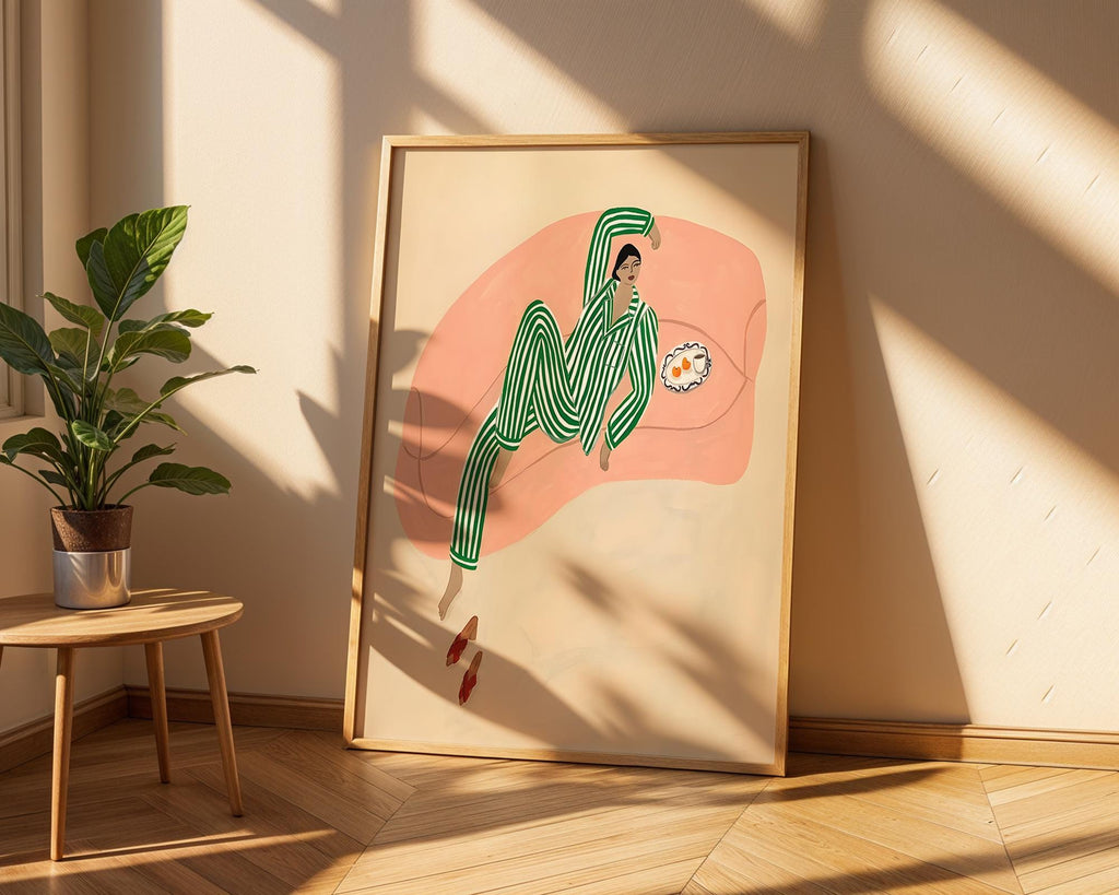 Woman in Pajamas Art Print | Minimalist Lounging Illustration wall art print, modern home decor, unframed artwork by Nomad & Nest