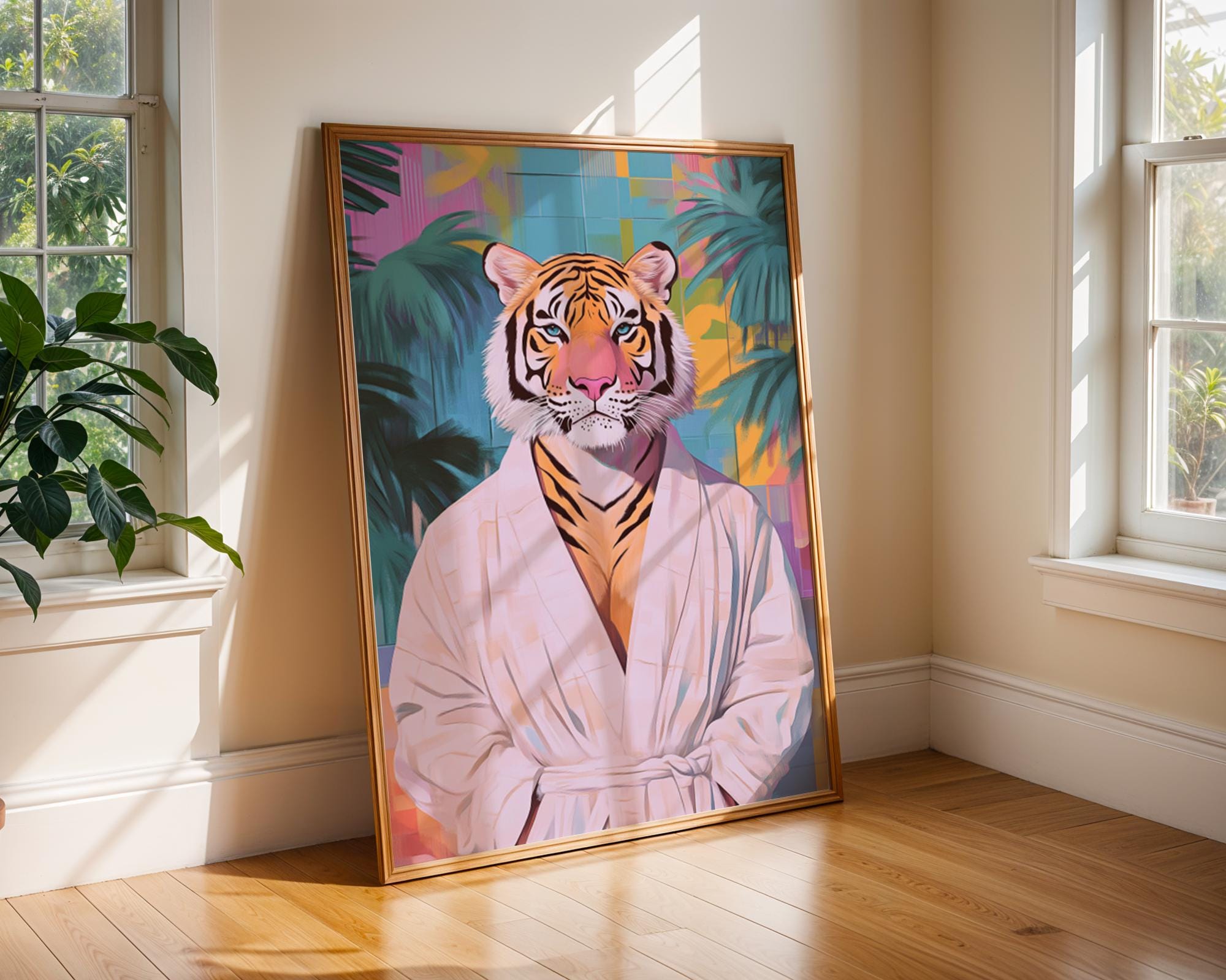 Tiger in Robe Art Print | Quirky Animal Poster wall art print, modern home decor, unframed artwork by Nomad & Nest