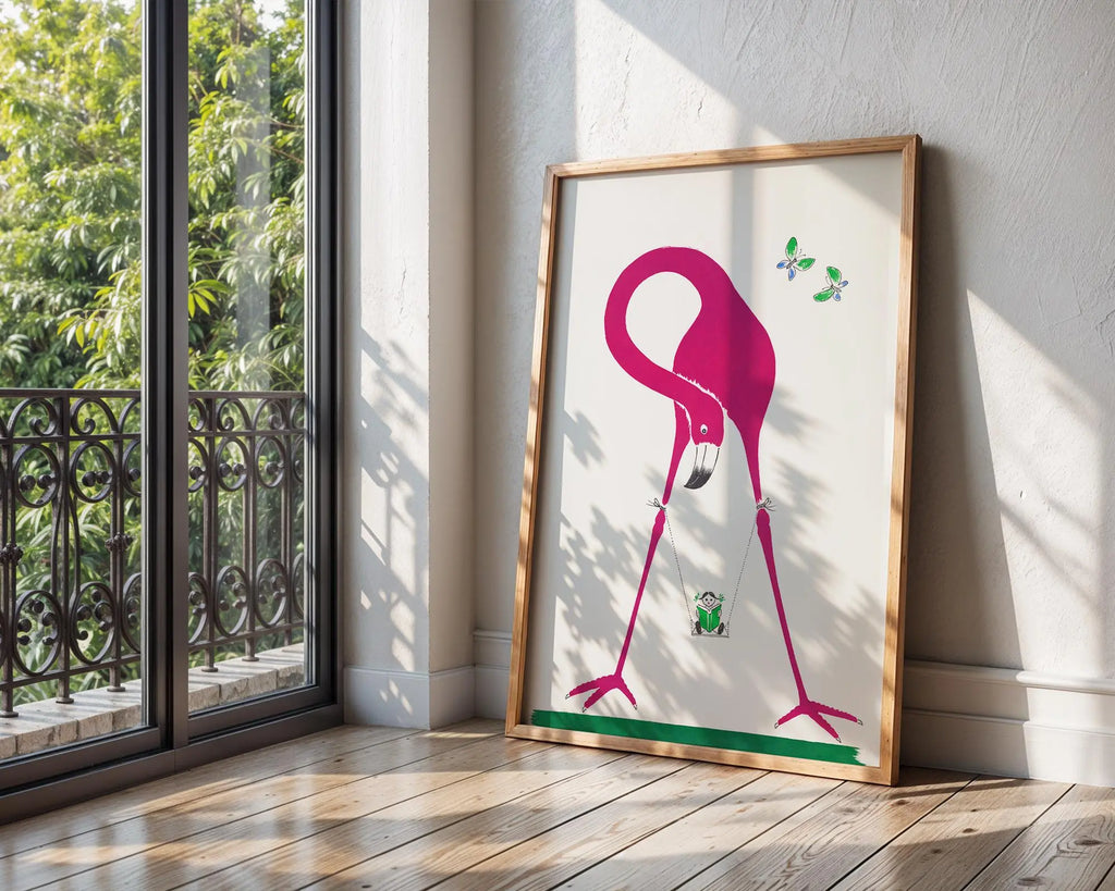 Flamingo & Panda Art Print | Whimsical Nursery Decor wall art print, modern home decor, unframed artwork by Nomad & Nest