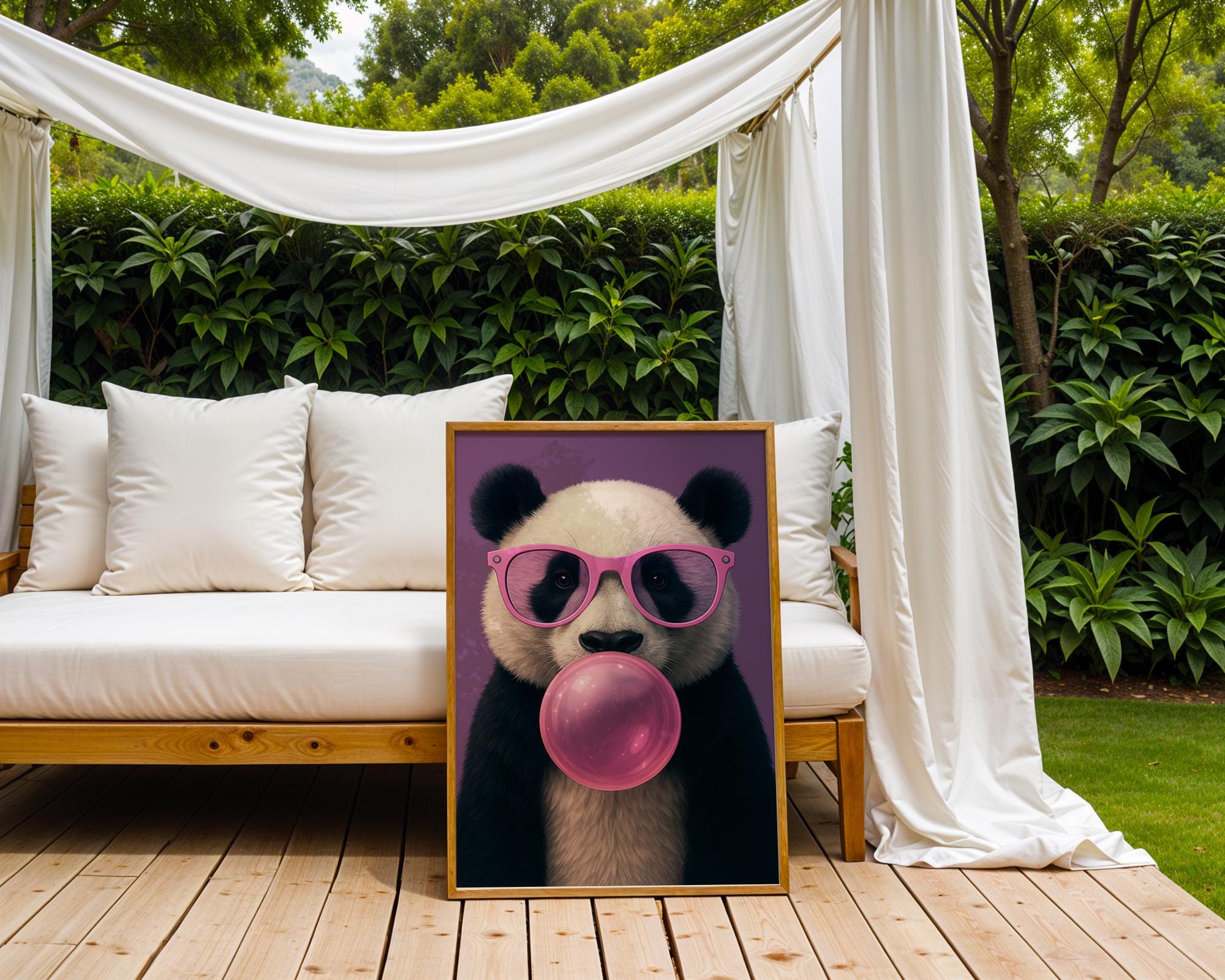 Colourful Prints | Funky Panda Bubblegum Print | Pink Glasses, Pop Art Vibes wall art print, modern home decor, unframed artwork by Nomad & Nest
