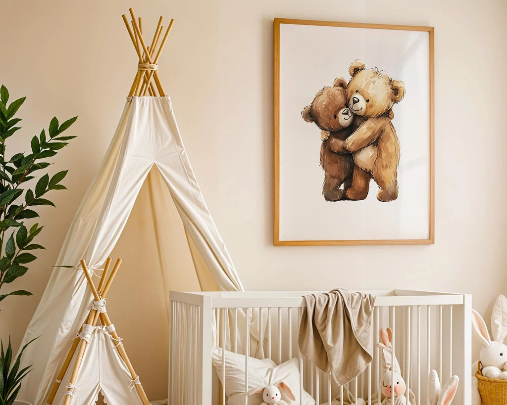 Playroom Ideas | Teddy Bear Hug Nursery Wall Art | Woodland Baby Illustration wall art print, modern home decor, unframed artwork by Nomad & Nest
