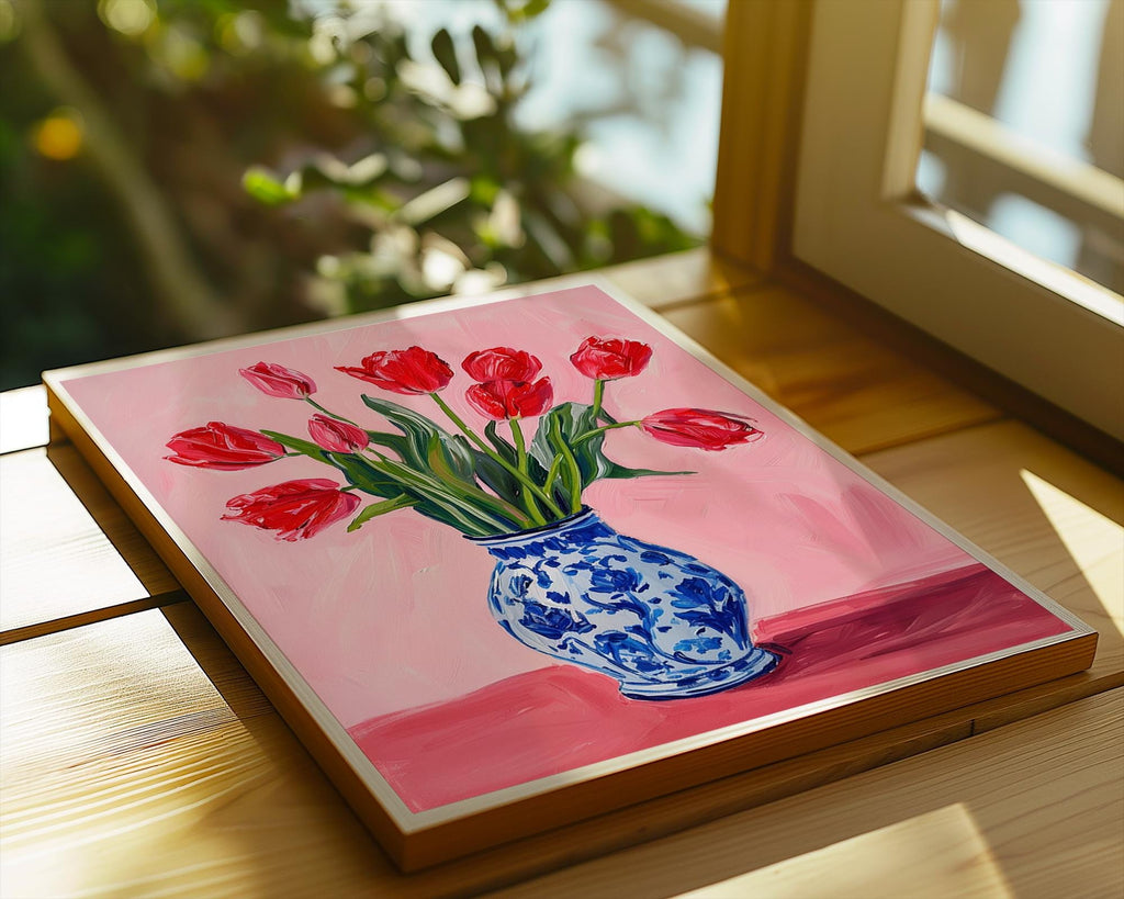 Colourful Prints | Red Tulips Print | Pink Botanical Art, Blue Vase Poster wall art print, modern home decor, unframed artwork by Nomad & Nest