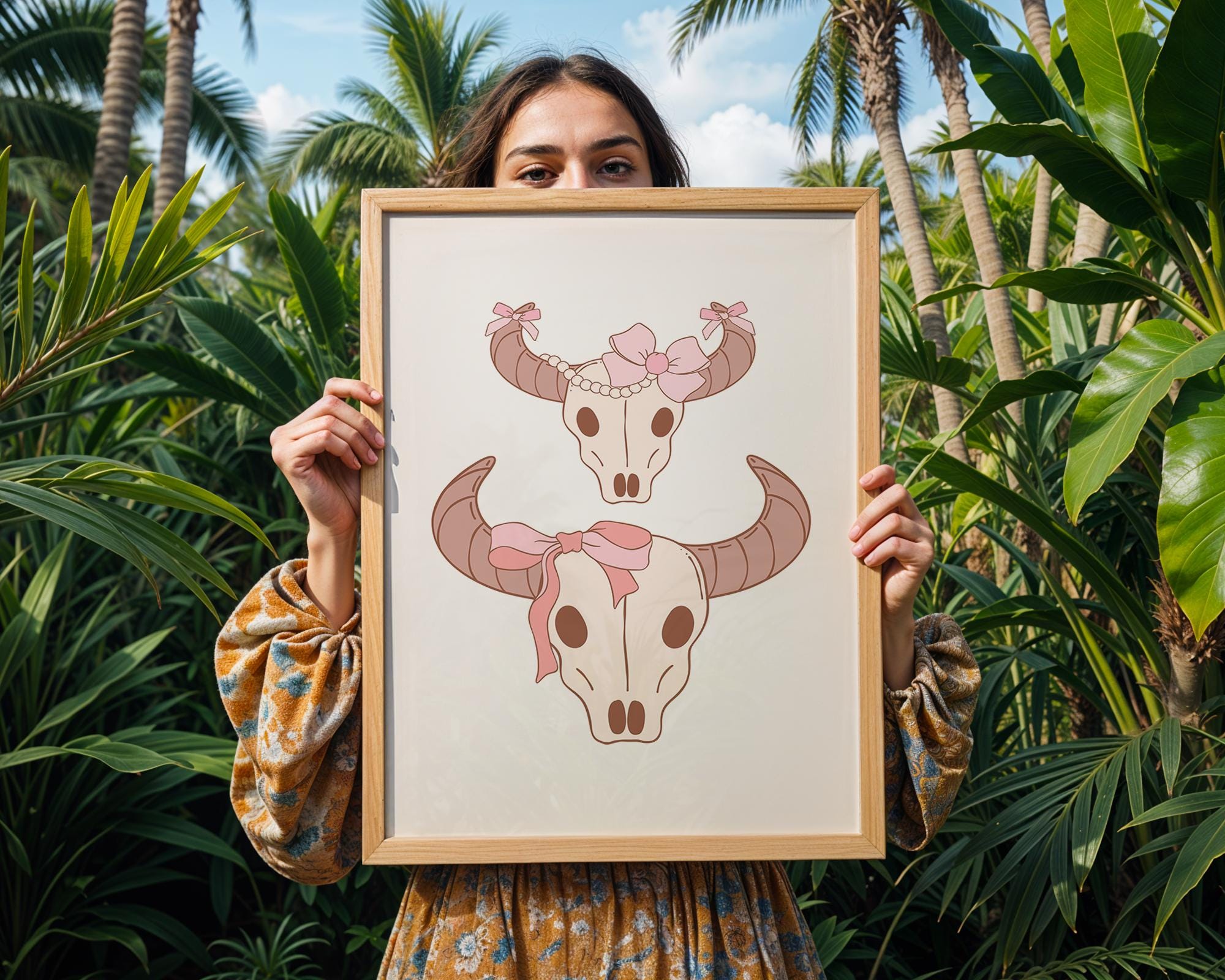 Girly Bull Skull Pair Print | Pink Bow Western Wall Art wall art print, modern home decor, unframed artwork by Nomad & Nest