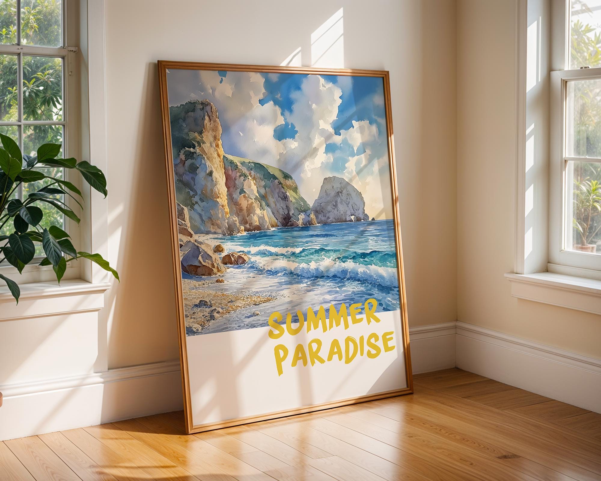 Colourful Prints | Coastal Cliffs Beach Scene Art Print | Summer Travel Poster wall art print, modern home decor, unframed artwork by Nomad & Nest