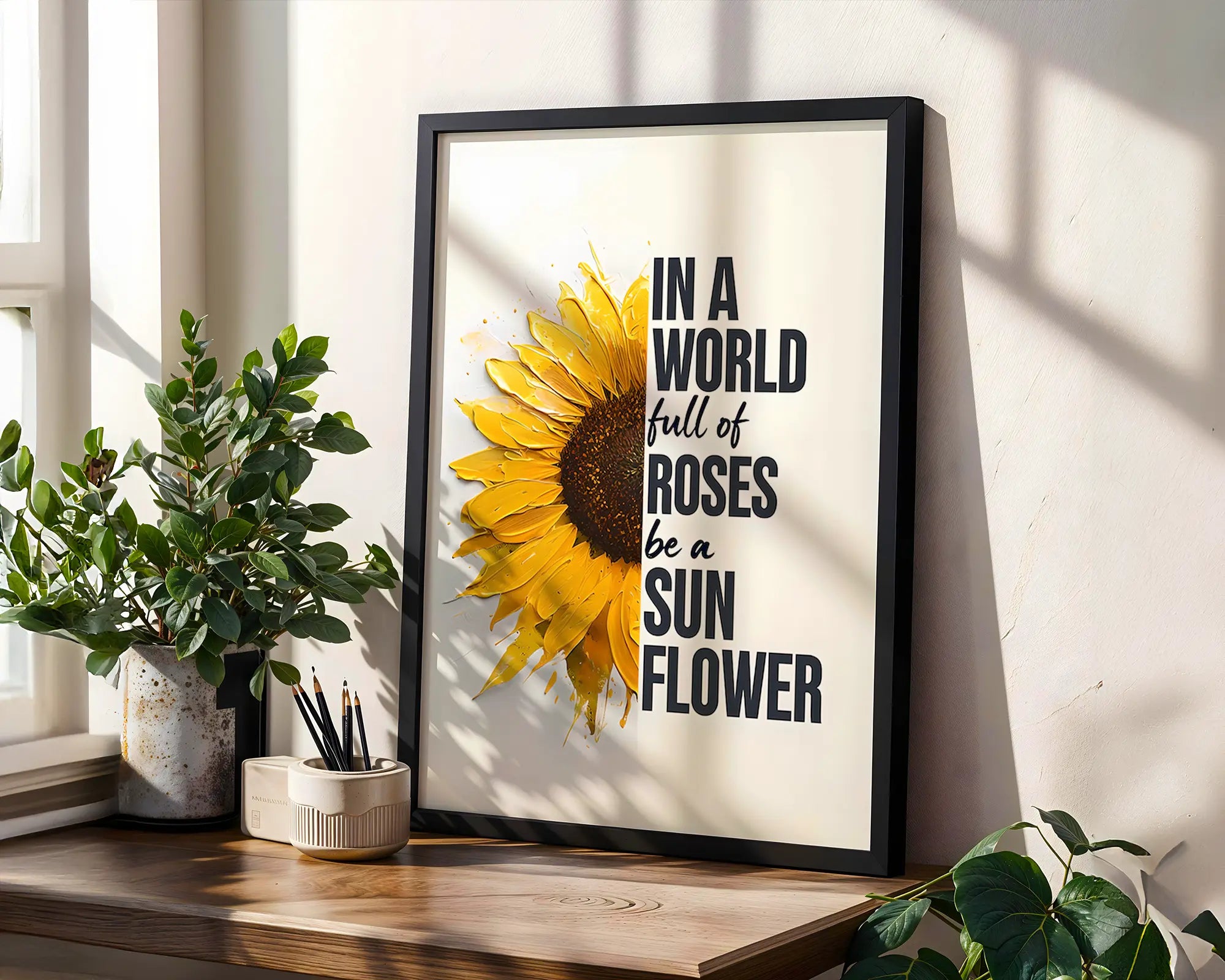 Positive Emotion | In a World Full of Roses Be a Sunflower Print | Positive Quote Wall Art | Floral Motivation Poster wall art print, modern home decor, unframed artwork by Nomad & Nest