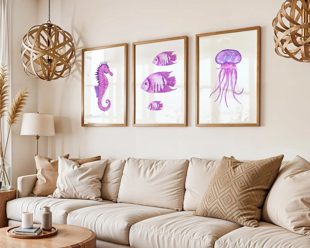 Colourful Prints | Purple Ocean Watercolour Print Set |Seahorse, Jellyfish & Fish Wall Art (Set of 3) wall art print, modern home decor, unframed artwork by Nomad & Nest