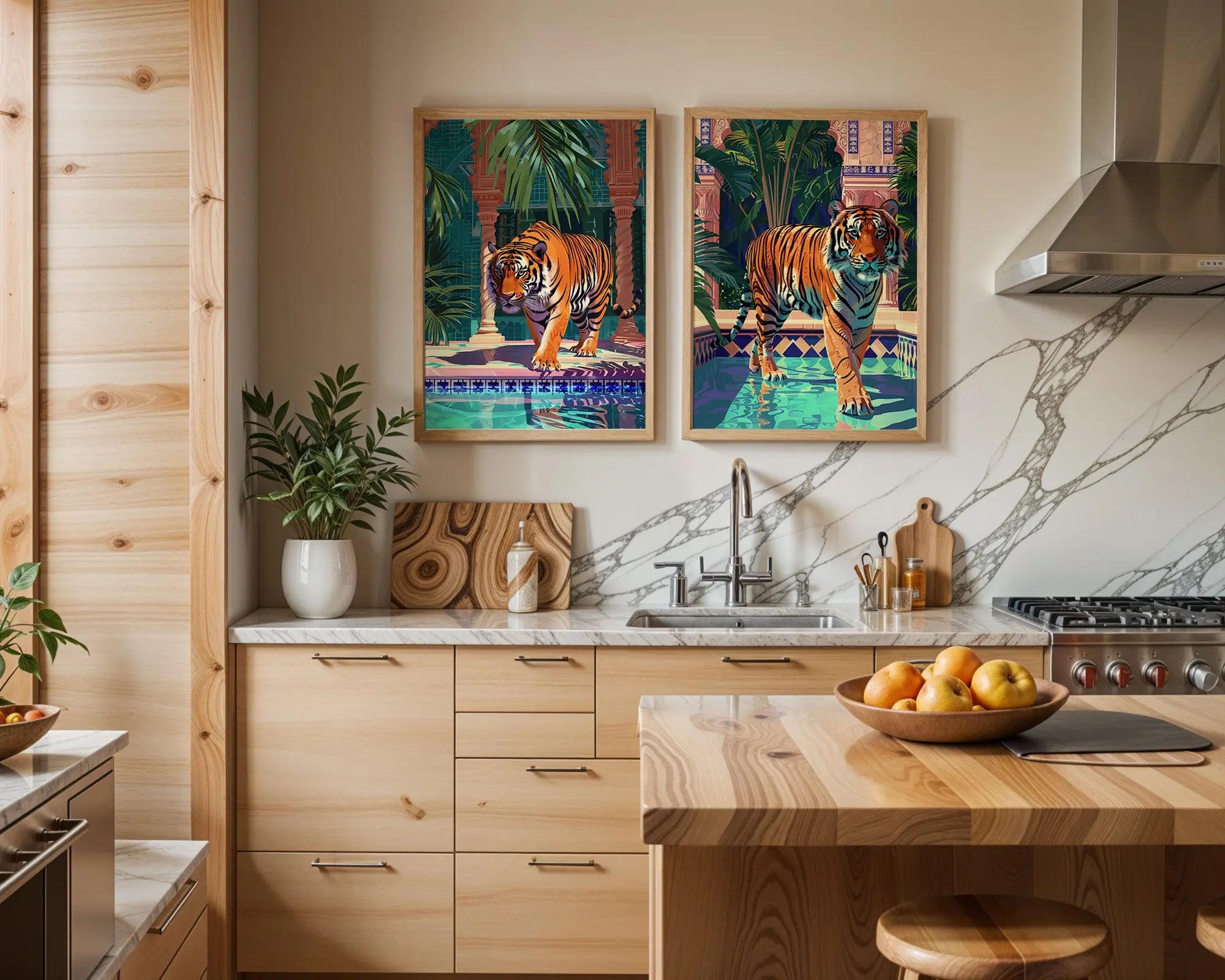 Colourful Prints | Jungle Tiger Art Prints Set | Tropical Summer Decor (Set of 2) wall art print, modern home decor, unframed artwork by Nomad & Nest