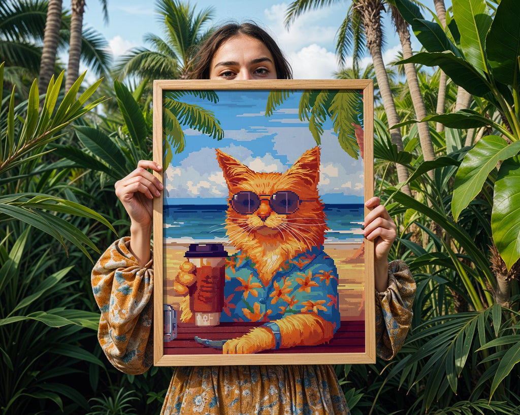 Retro Cat Beach Print | Funny Feline Summer Holiday Poster wall art print, modern home decor, unframed artwork by Nomad & Nest