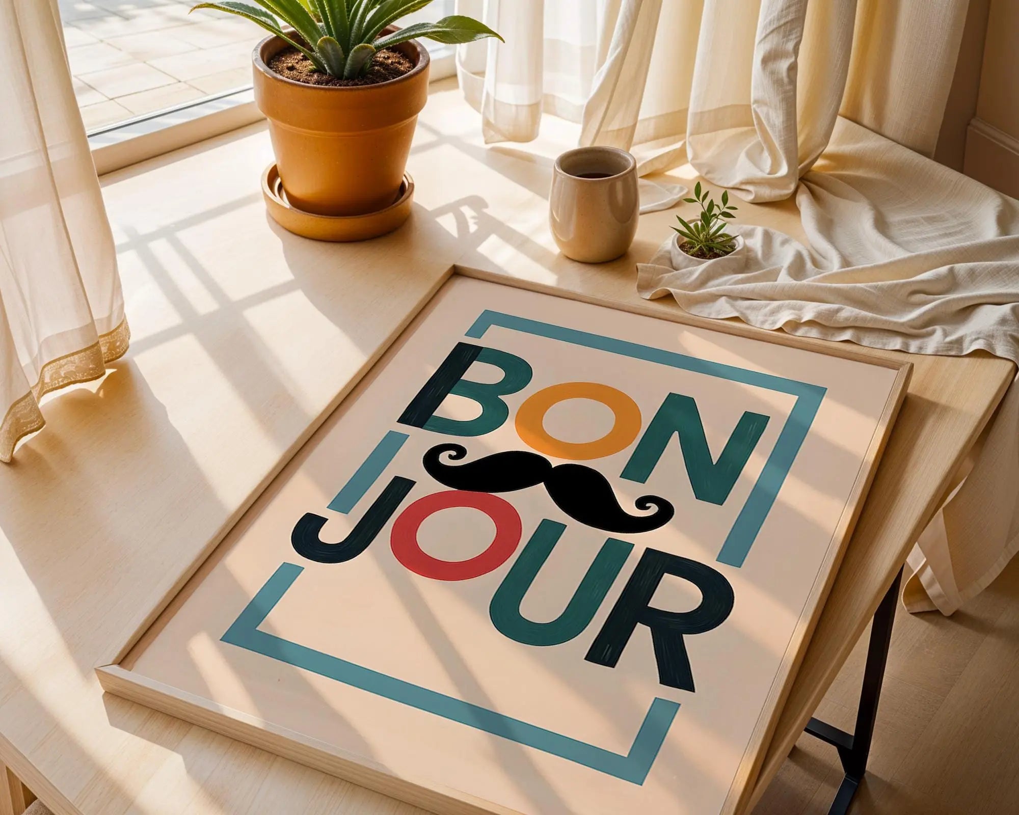 Positive Emotion | Bonjour Typography Wall Art | Playful Mustache Print | Modern French Quote Decor wall art print, modern home decor, unframed artwork by Nomad & Nest