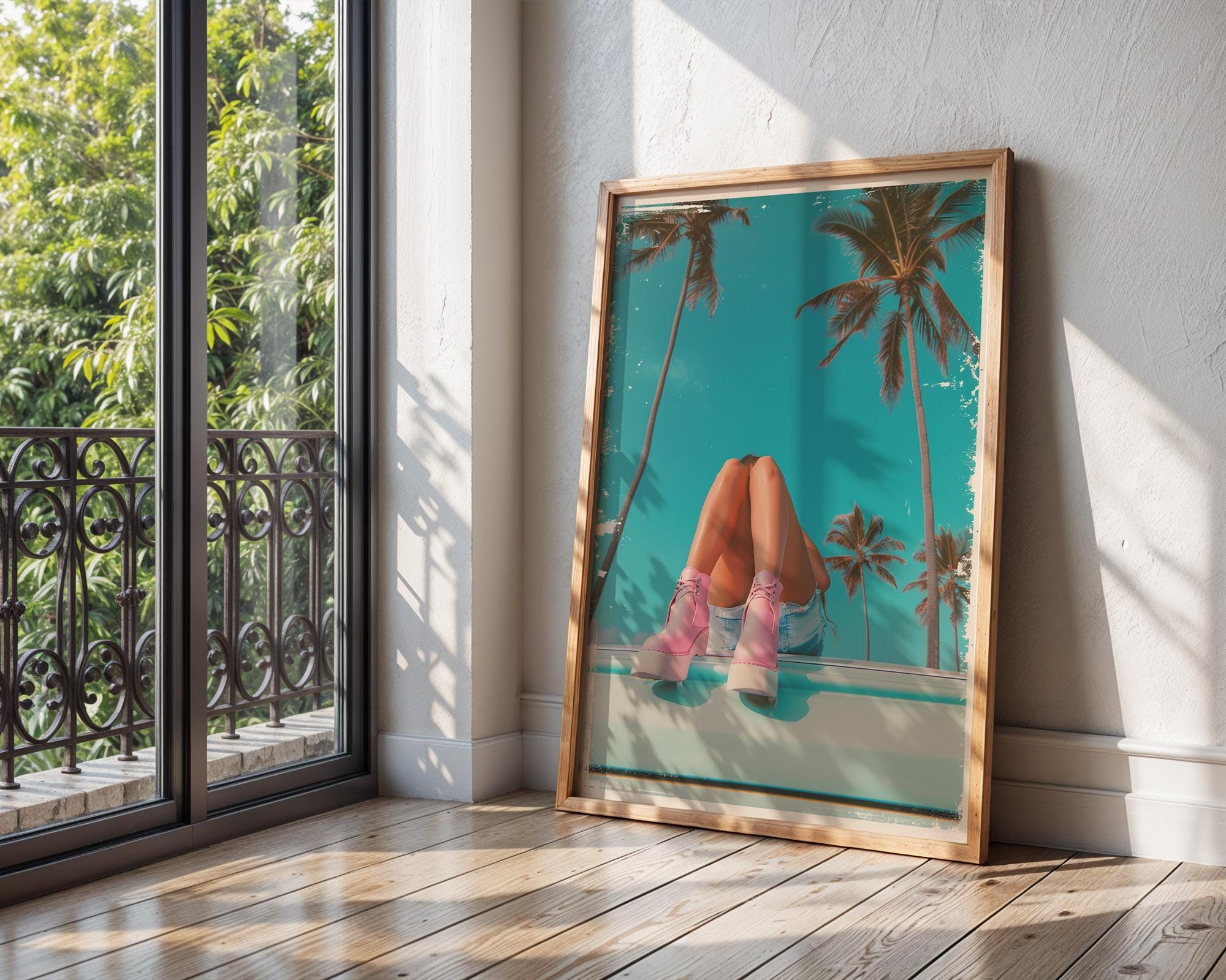 Colourful Prints | Pink Boots & Palms Print | Retro Coastal Wall Art wall art print, modern home decor, unframed artwork by Nomad & Nest