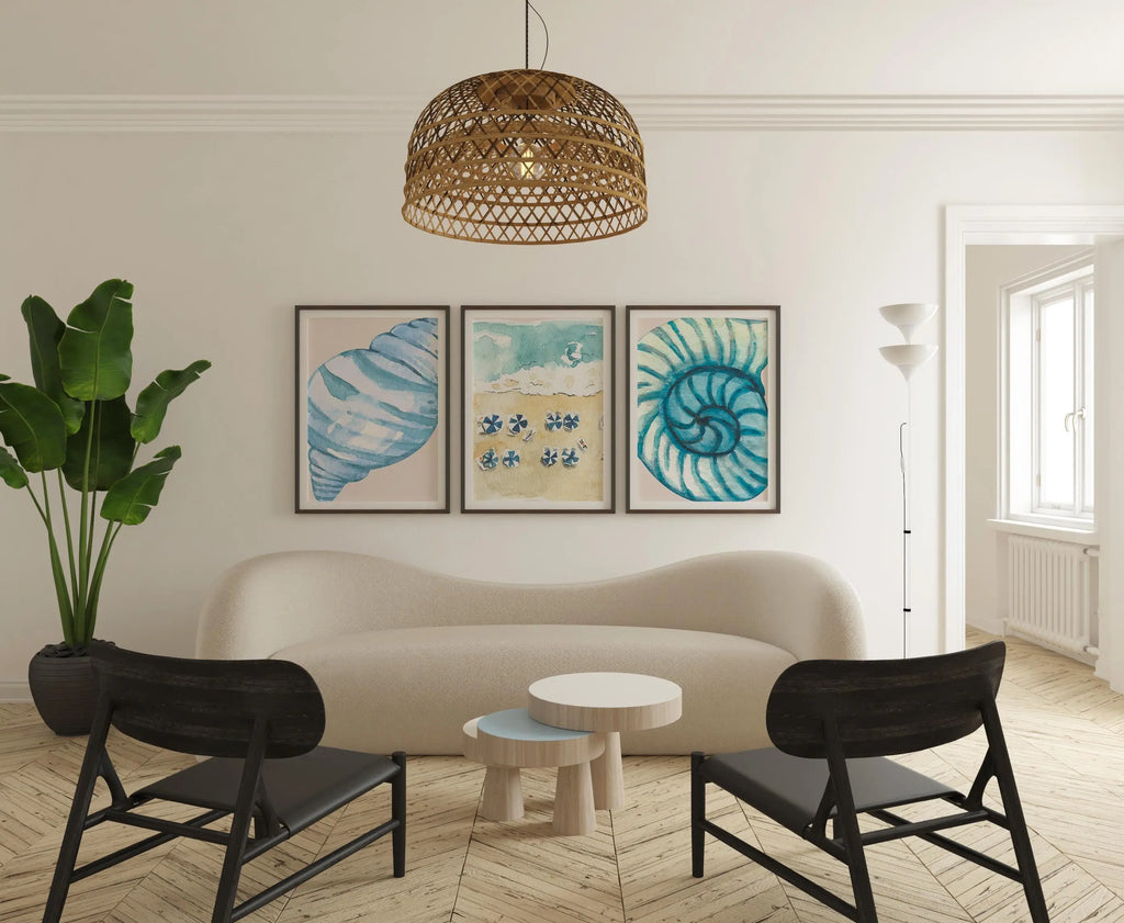 Colourful Prints | Beach Wall Art Prints Set • Nautical Seashell & Umbrella Watercolor wall art print, modern home decor, unframed artwork by Nomad & Nest
