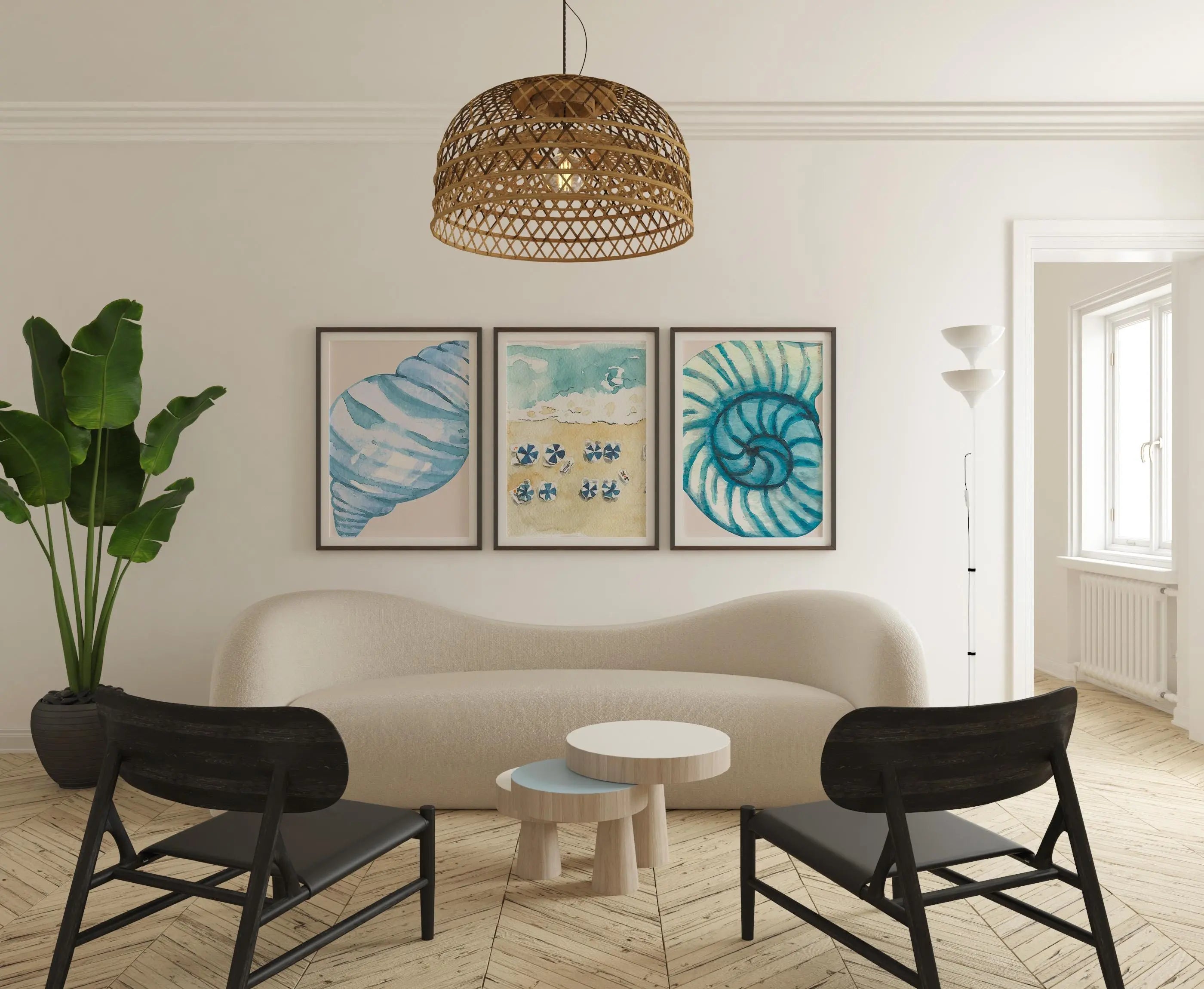 Colourful Prints | Beach Wall Art Prints Set • Nautical Seashell & Umbrella Watercolor wall art print, modern home decor, unframed artwork by Nomad & Nest